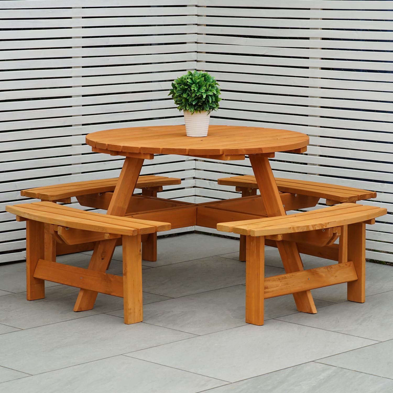 8 Seater Round Wooden Picnic Table with Benches Parasol Hole