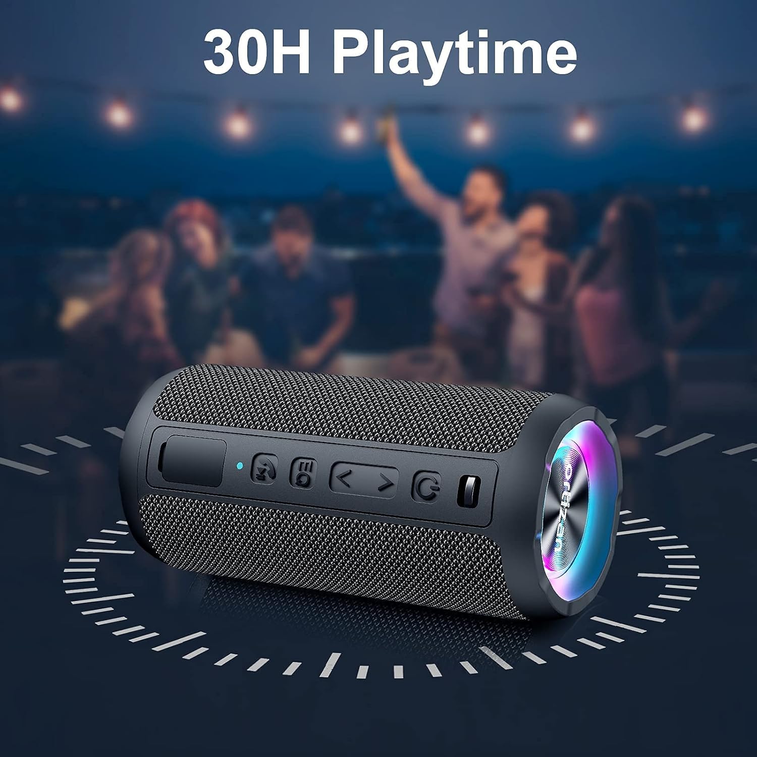 Portable Bluetooth Speaker 24W Loud Bass LED Lights IPX7 Waterproof 30H