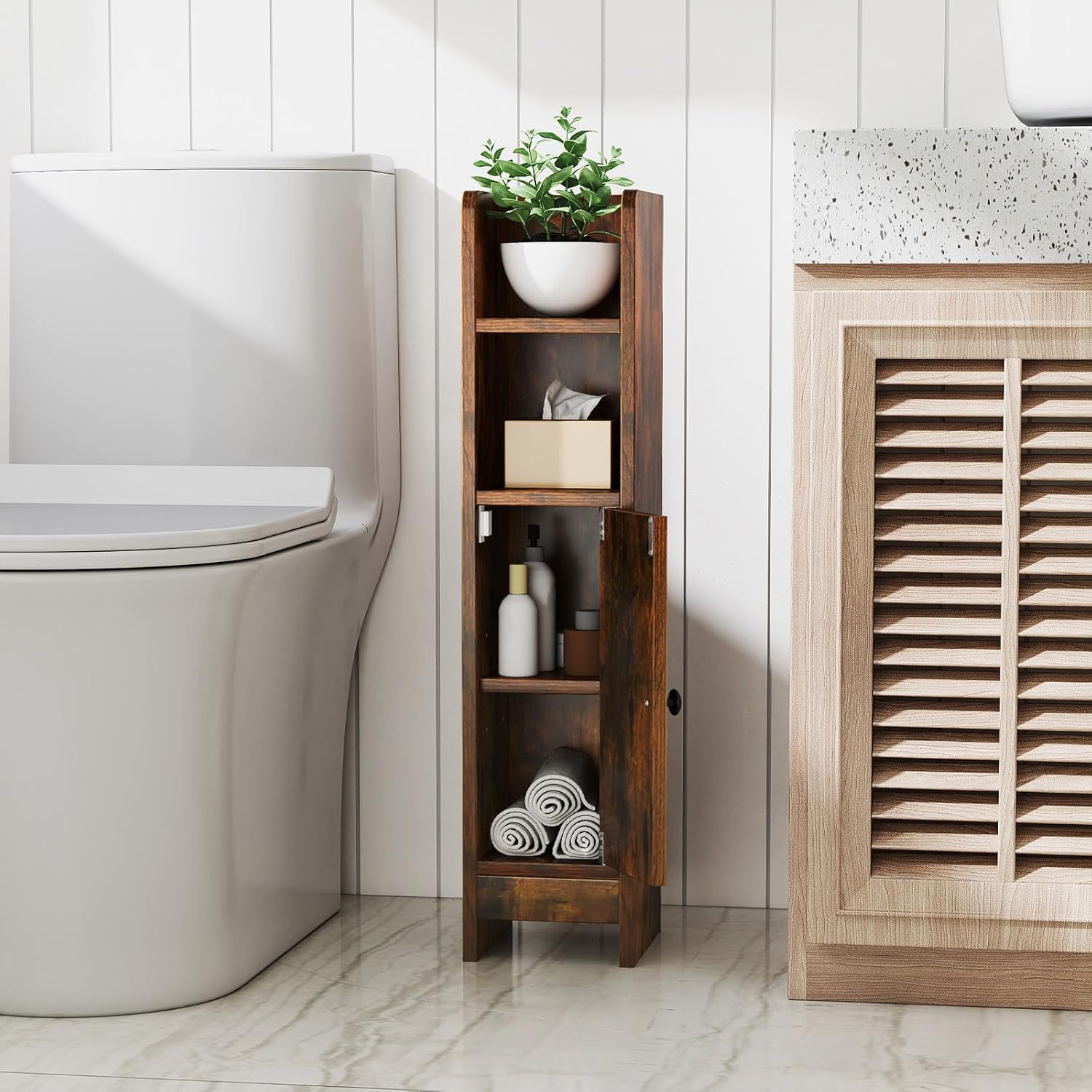 Slim Bathroom Floor Cabinet Toilet Paper Storage Rustic Brown