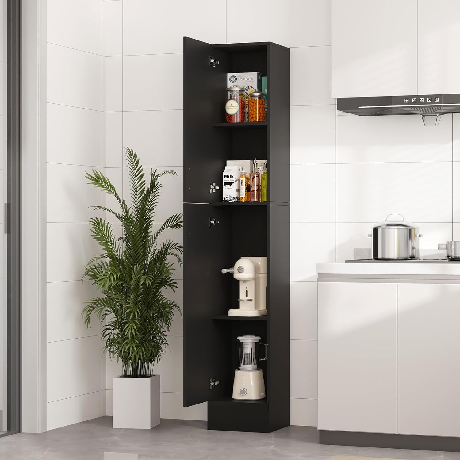 High Gloss Black Tall Bathroom Cabinet 2 Door 4 Shelf 188cm
