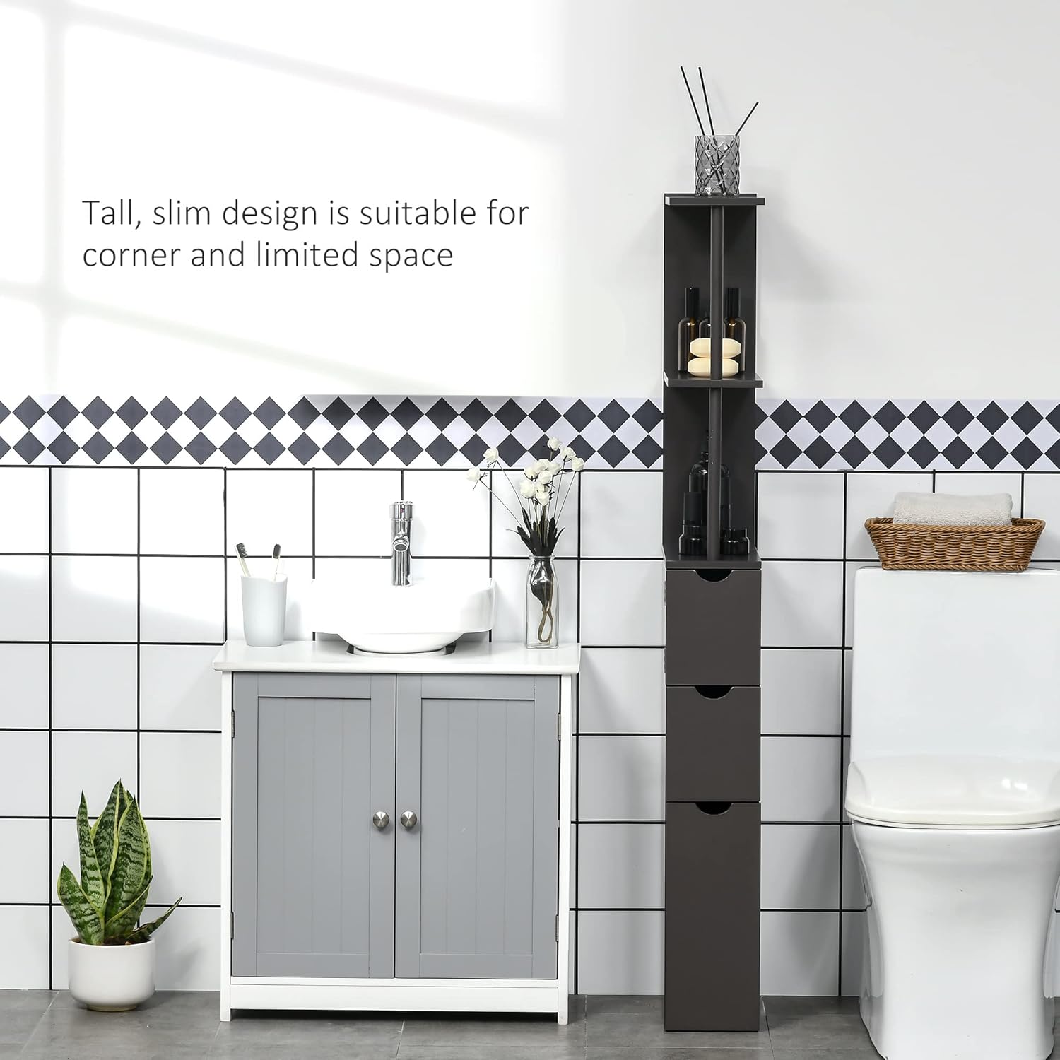 Slim Tall Bathroom Storage Cabinet 2 Drawers Shelves Brown