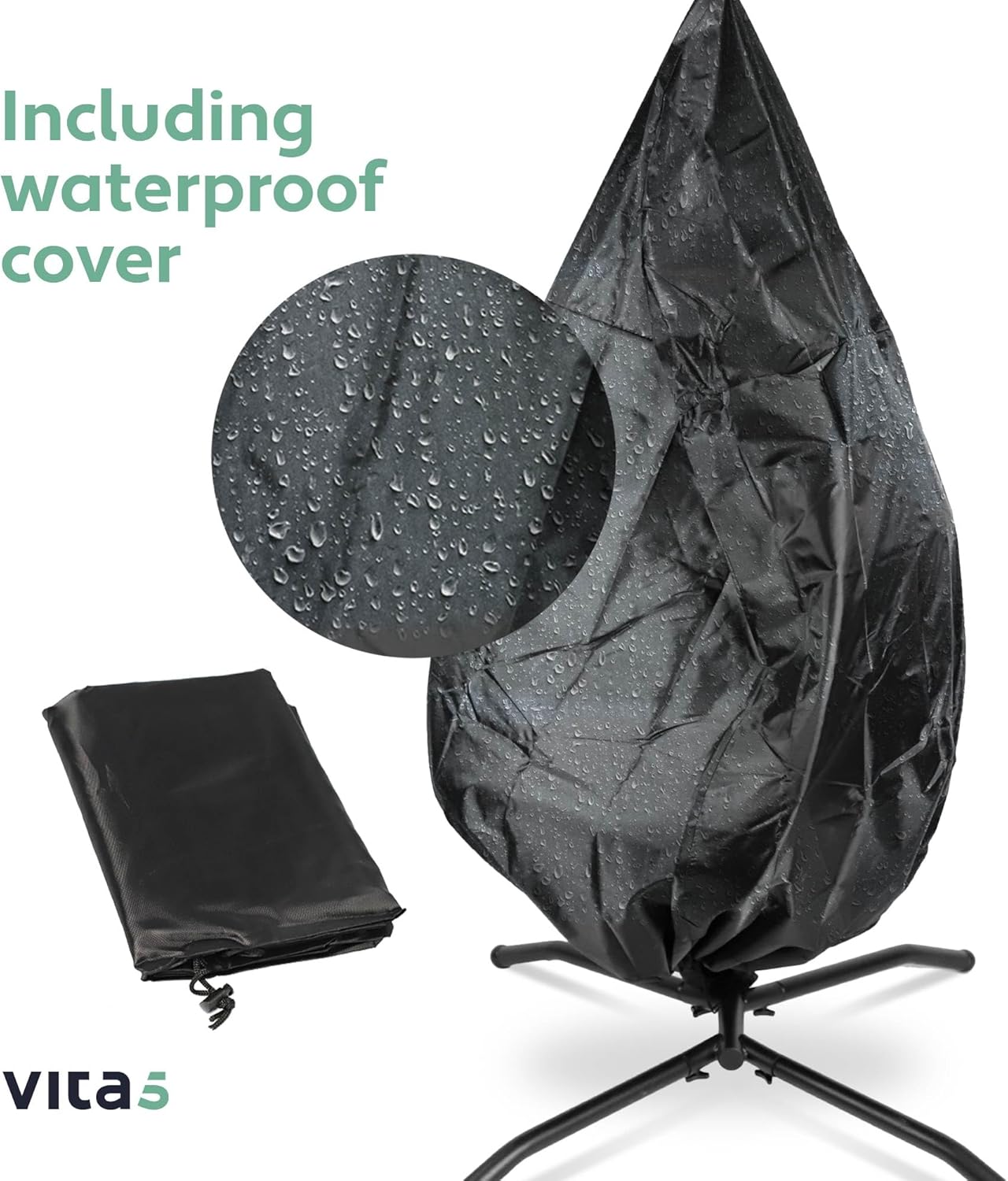 Foldable Hanging Egg Chair with Stand Cushion Beige