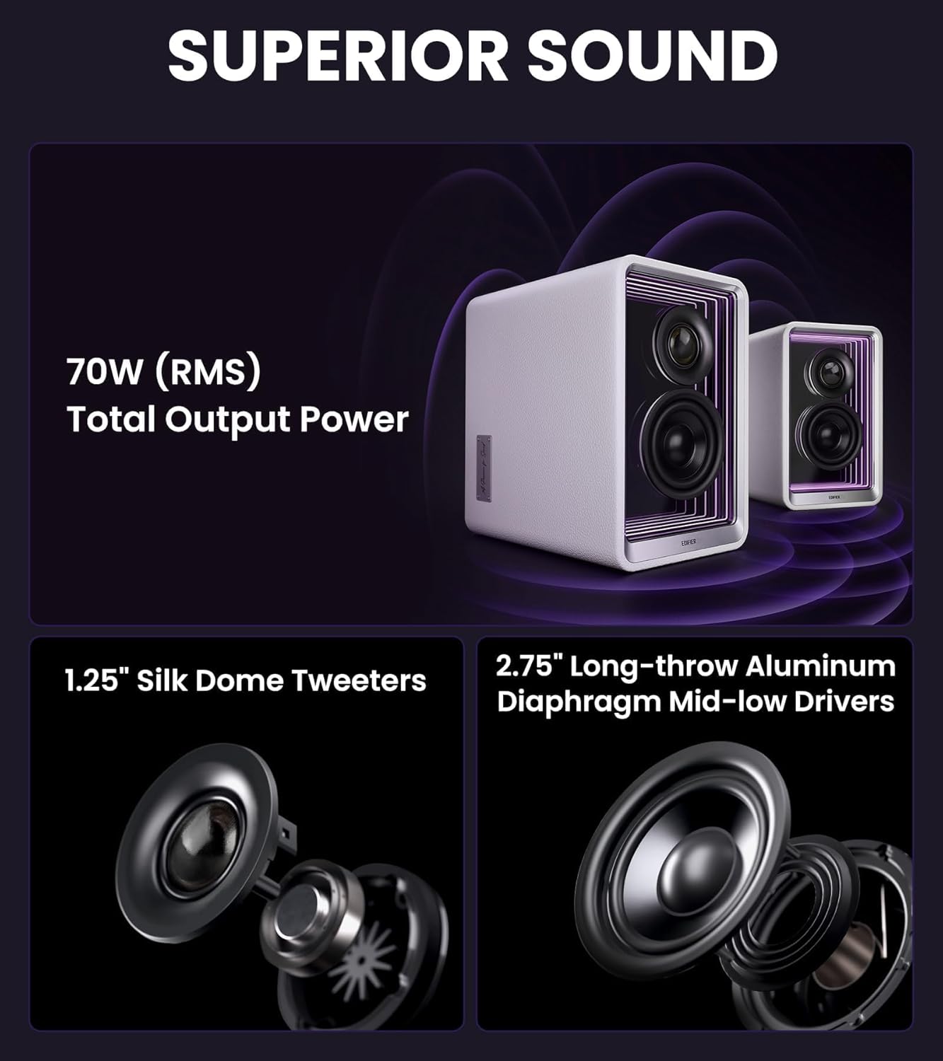 Hi Res Desktop Speakers 70W Bluetooth Studio Monitor LED Lights USB