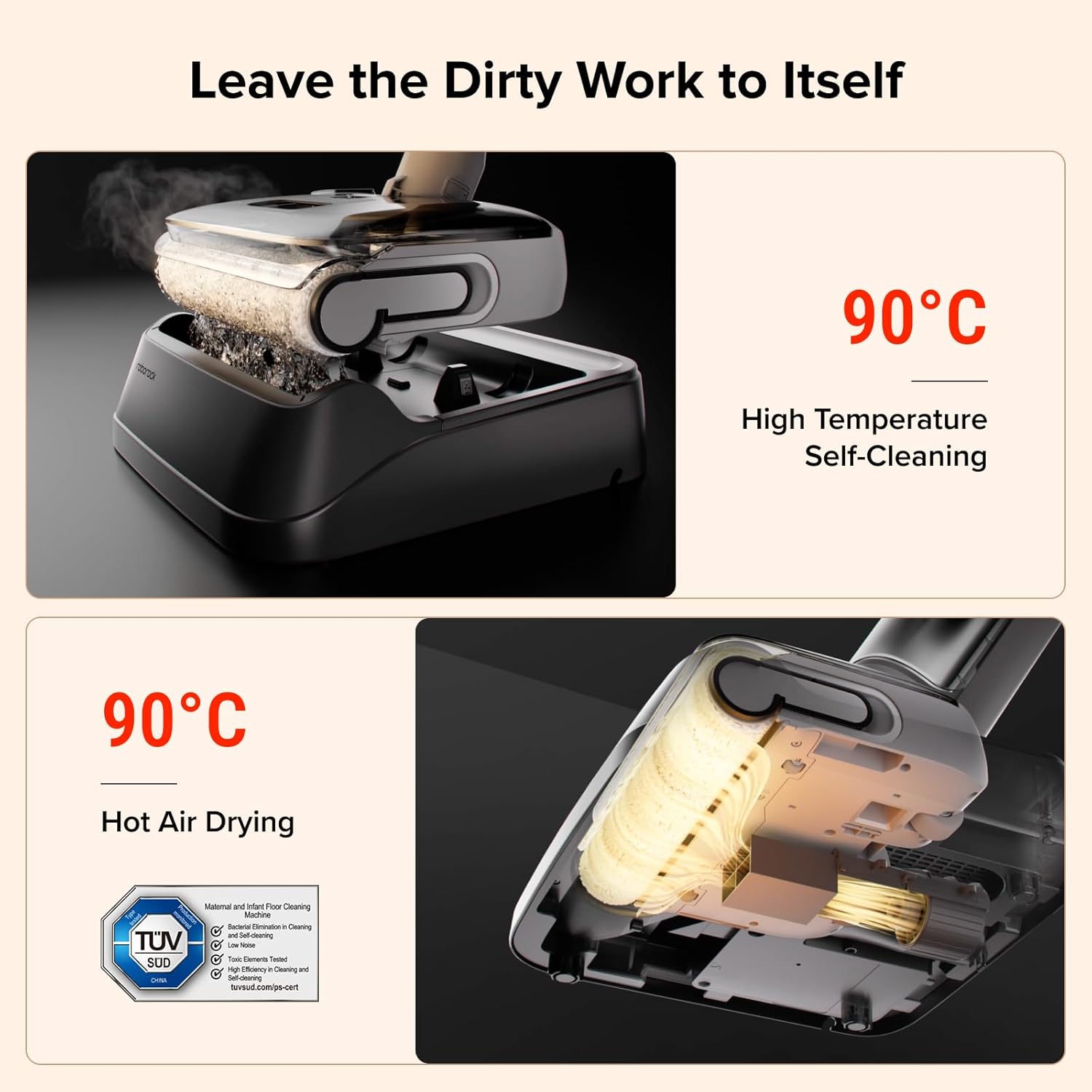 Cordless Wet Dry Vacuum 20000Pa Floor Washer Self Clean Light