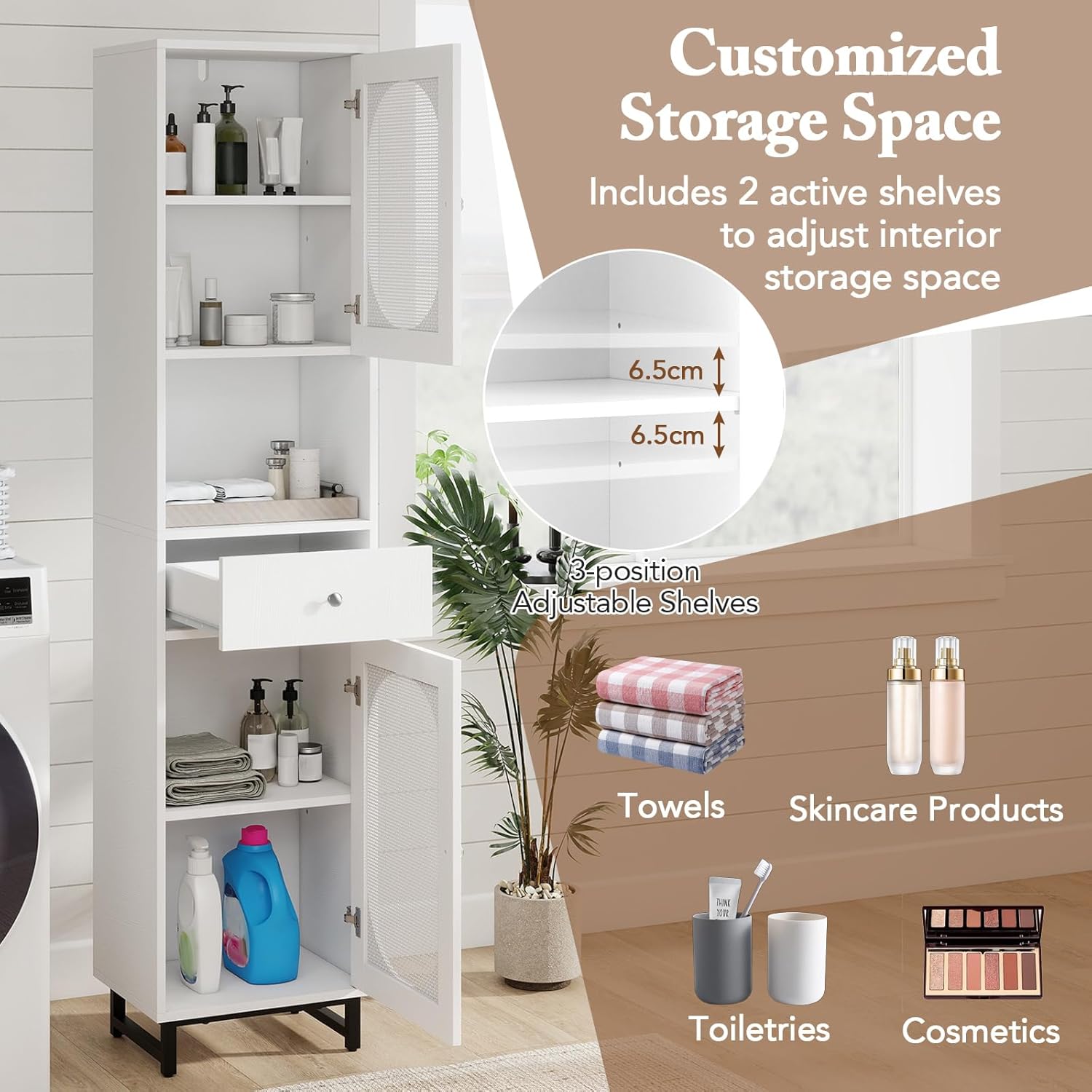 Tall Slim Storage Cabinet White Rattan Drawer Door Unit