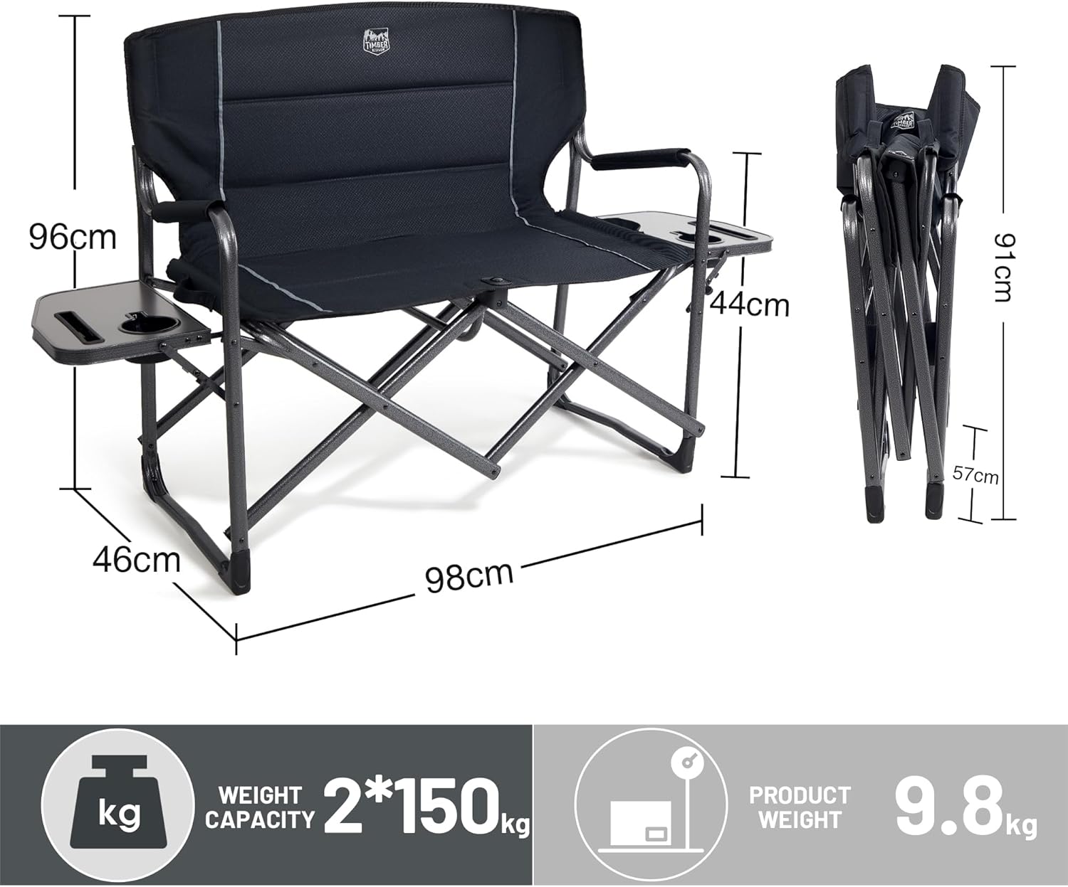 Double Camping Chair 2 Seater Folding Love Seat 300KG Black