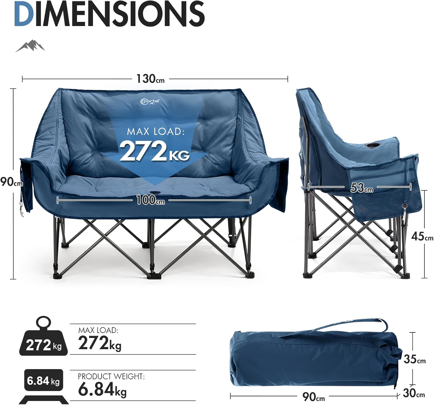 Double Camping Sofa Chair Foldable 2 Seater Blue