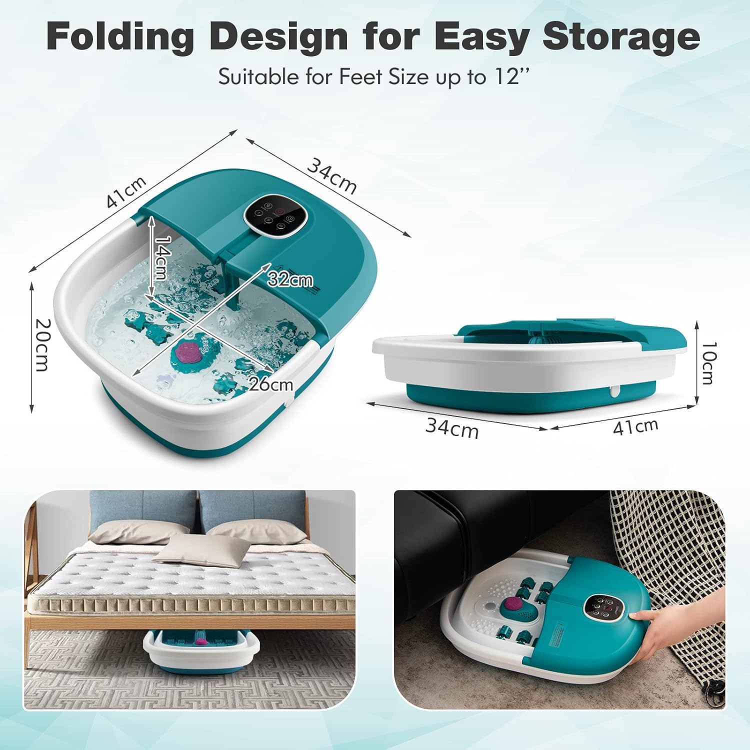 Foot Spa Massager Heat Bubble Folding Foot Bath Temp Control Timer