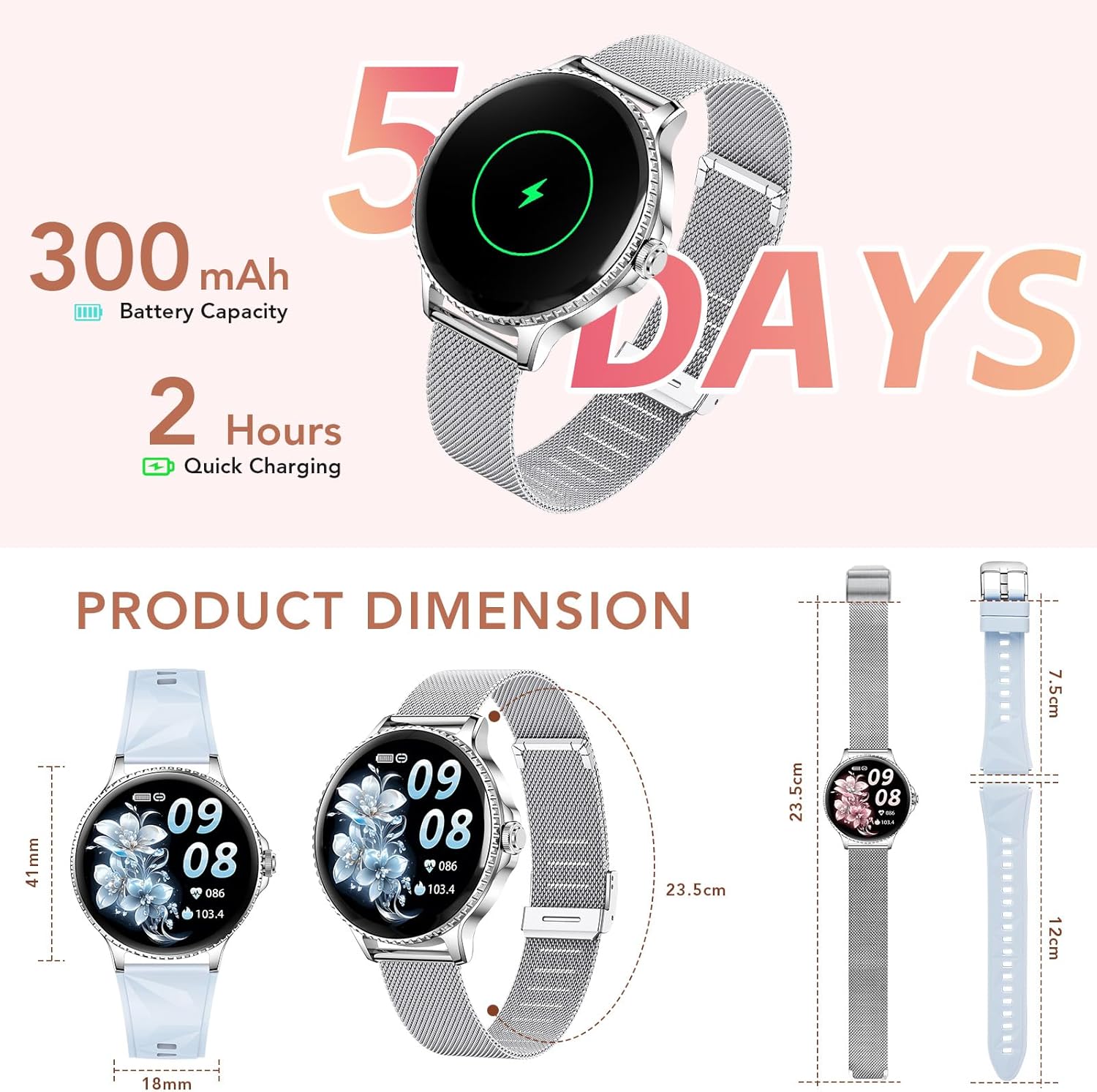 Womens Silver Smart Watch Bluetooth Call 2 Straps
