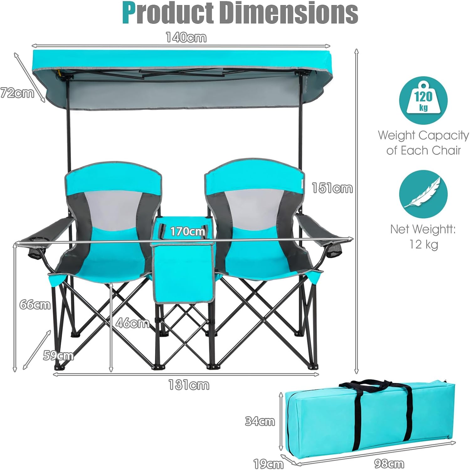 Turquoise Double Camping Chair with Canopy 2 Seater