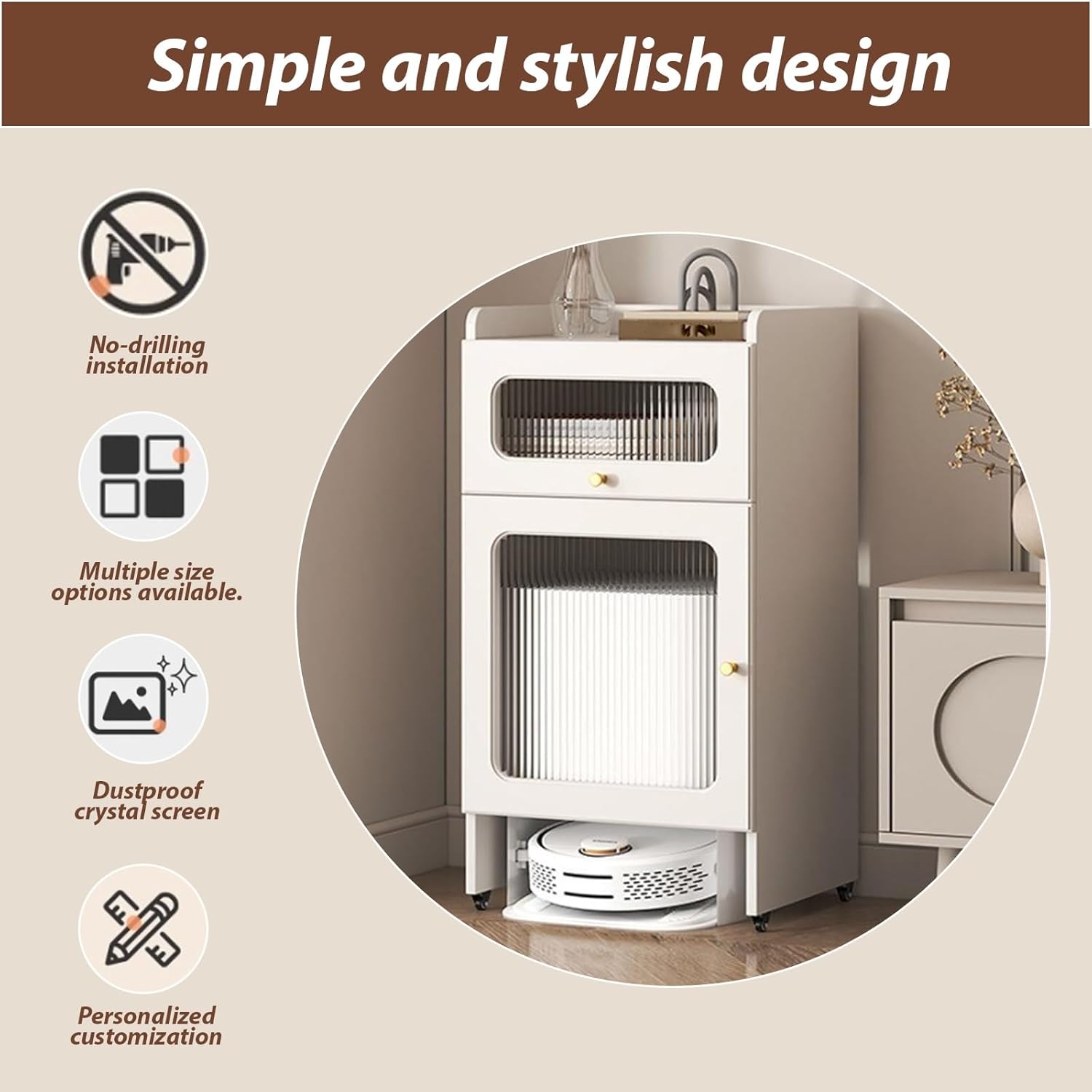 Robot Vacuum Storage Cabinet Stand with Wheels Drawer Glass Door