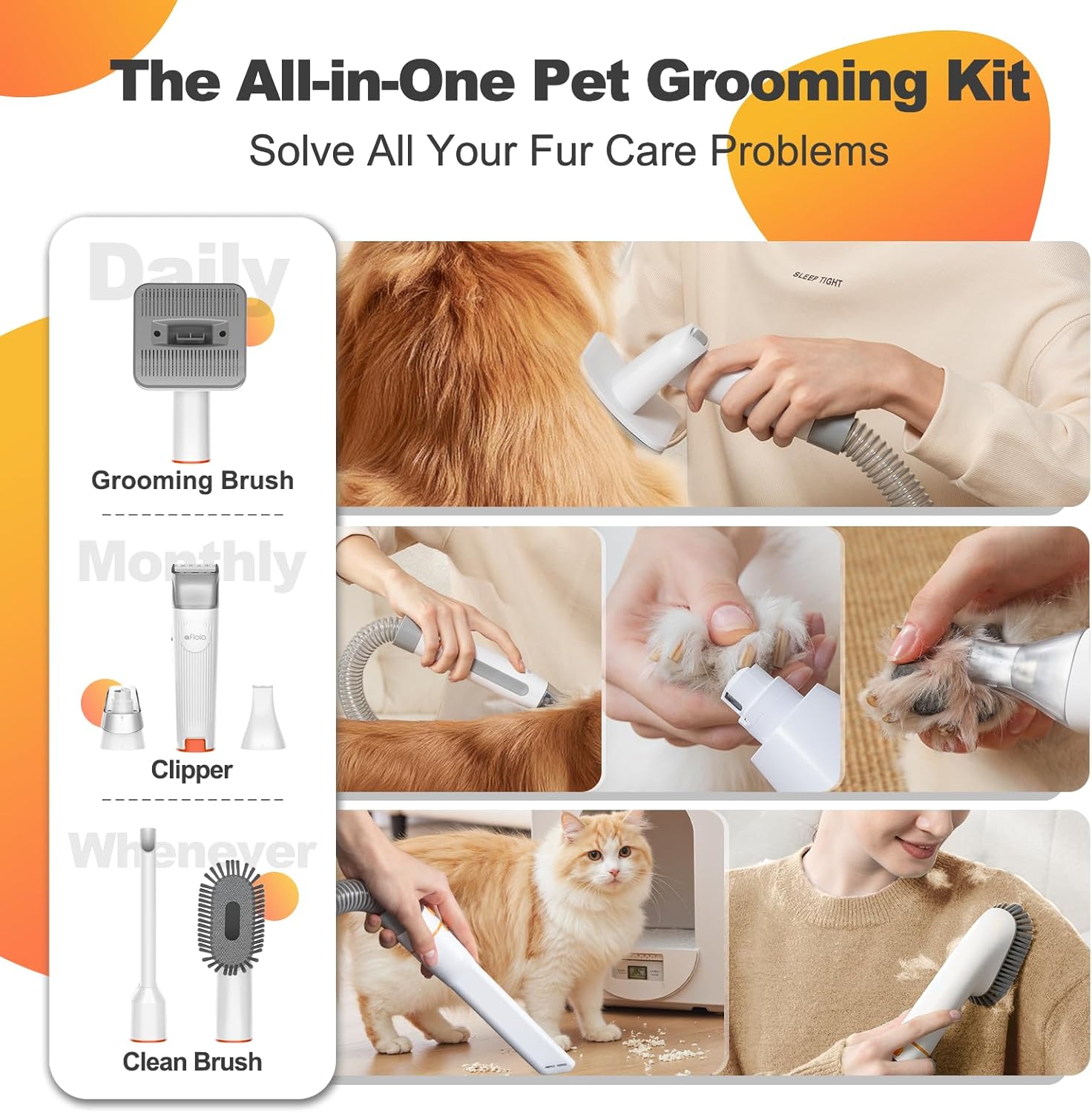 Dog Grooming Kit Vacuum Clippers 7 Tools Low Noise 1.5L Pet Hair Remover