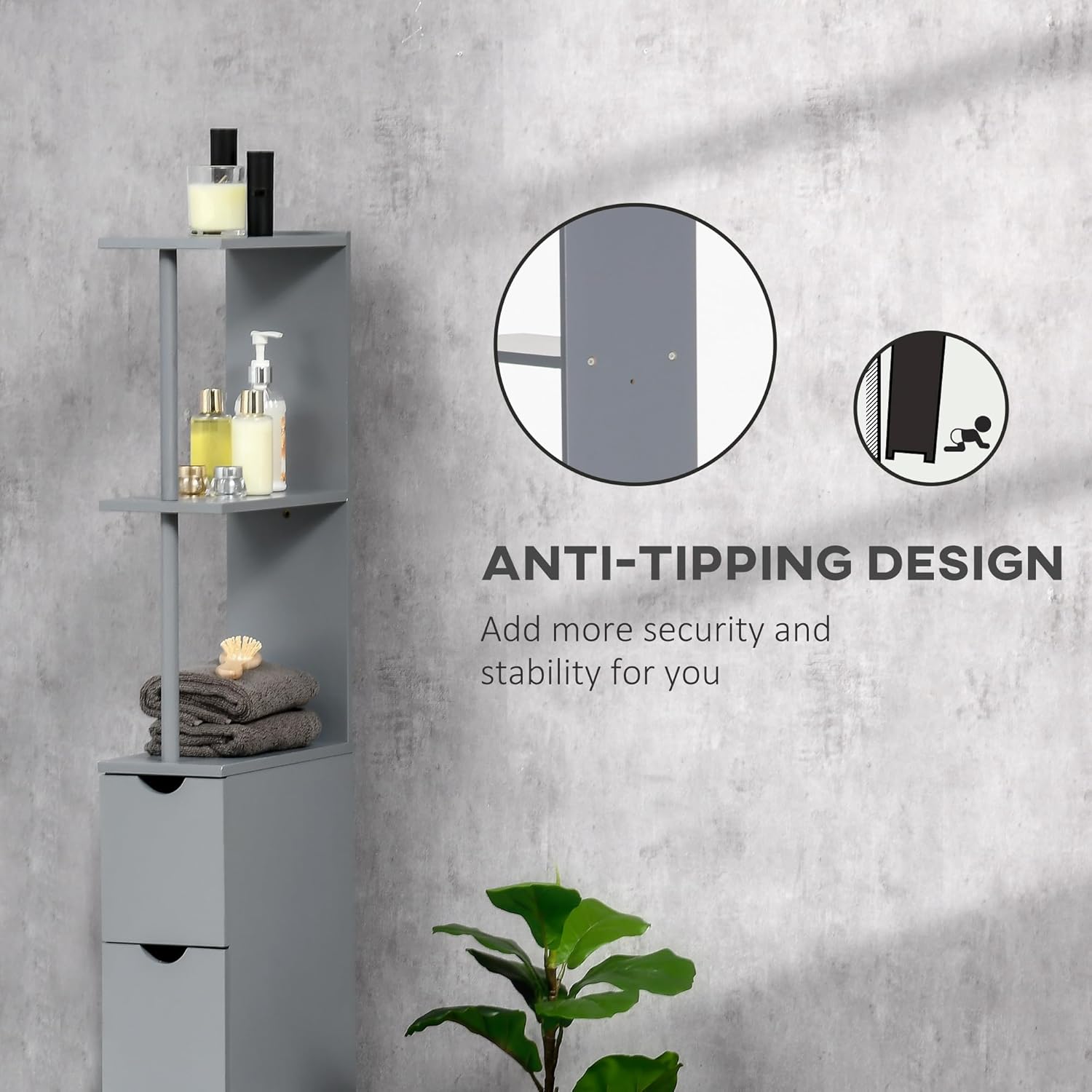 Slim Tall Bathroom Cabinet Grey 2 Drawers 5 Tier 136cm