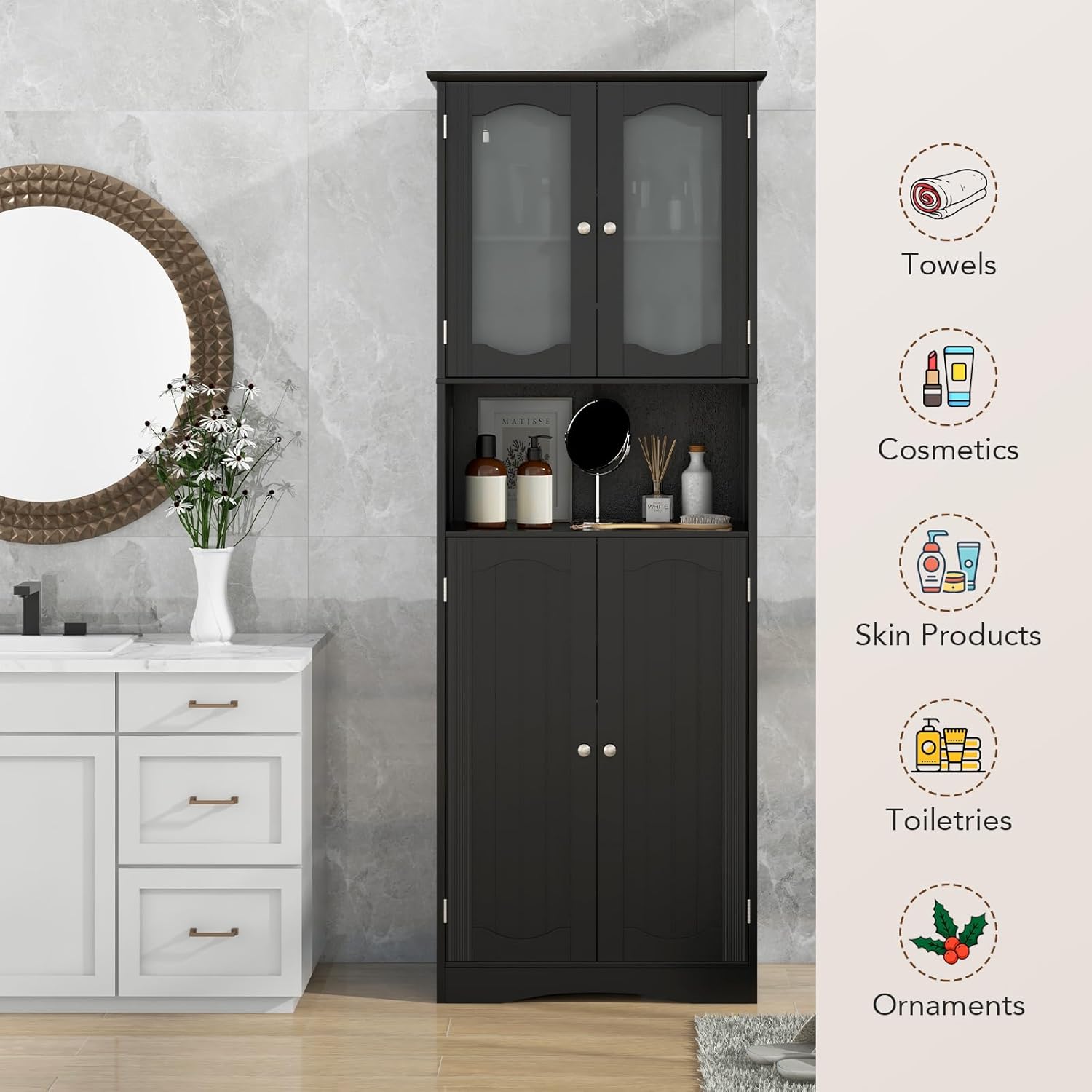 Tall Black Storage Cabinet Frost Glass Door Shelf Unit