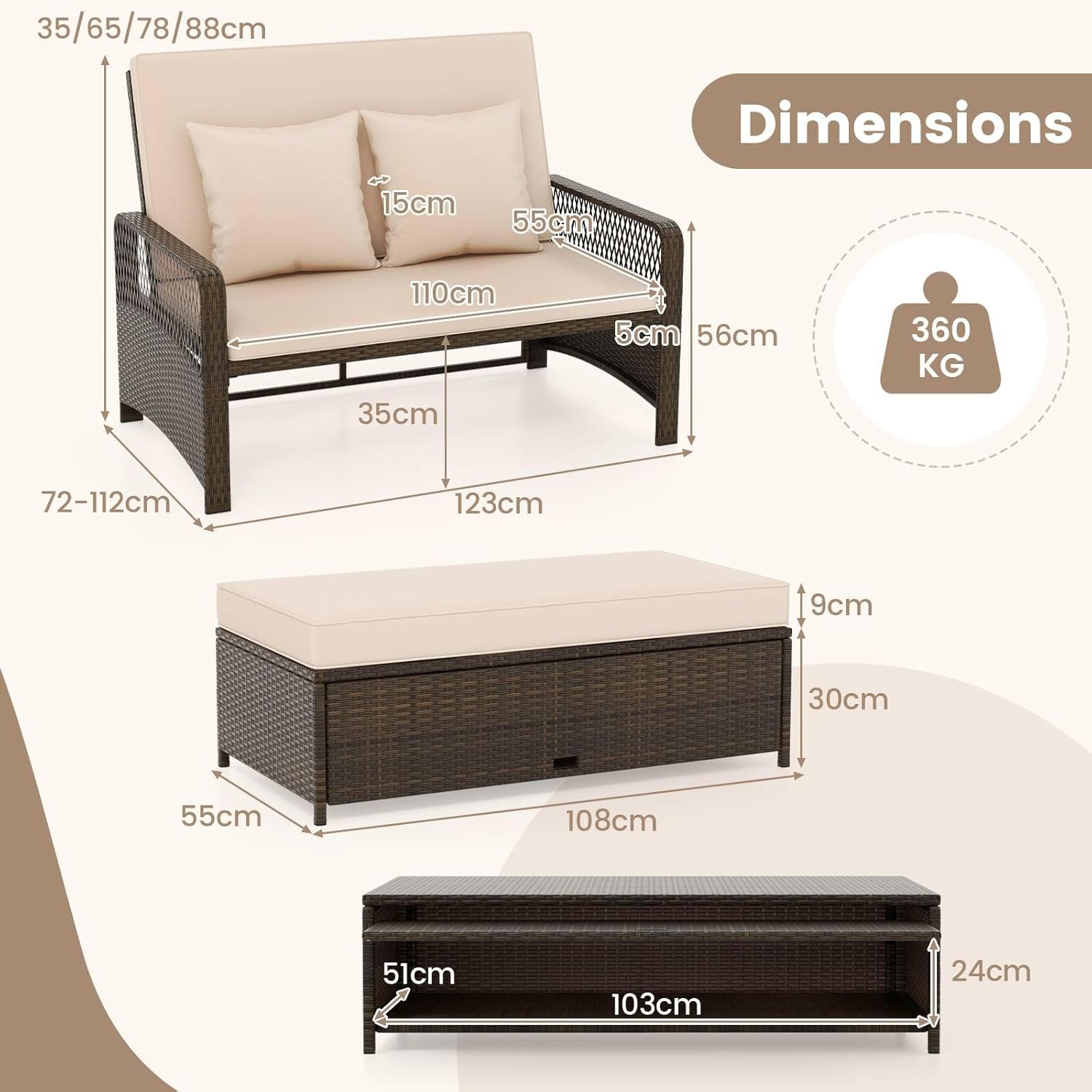 Patio Rattan Daybed Double Sun Lounger Storage Beige