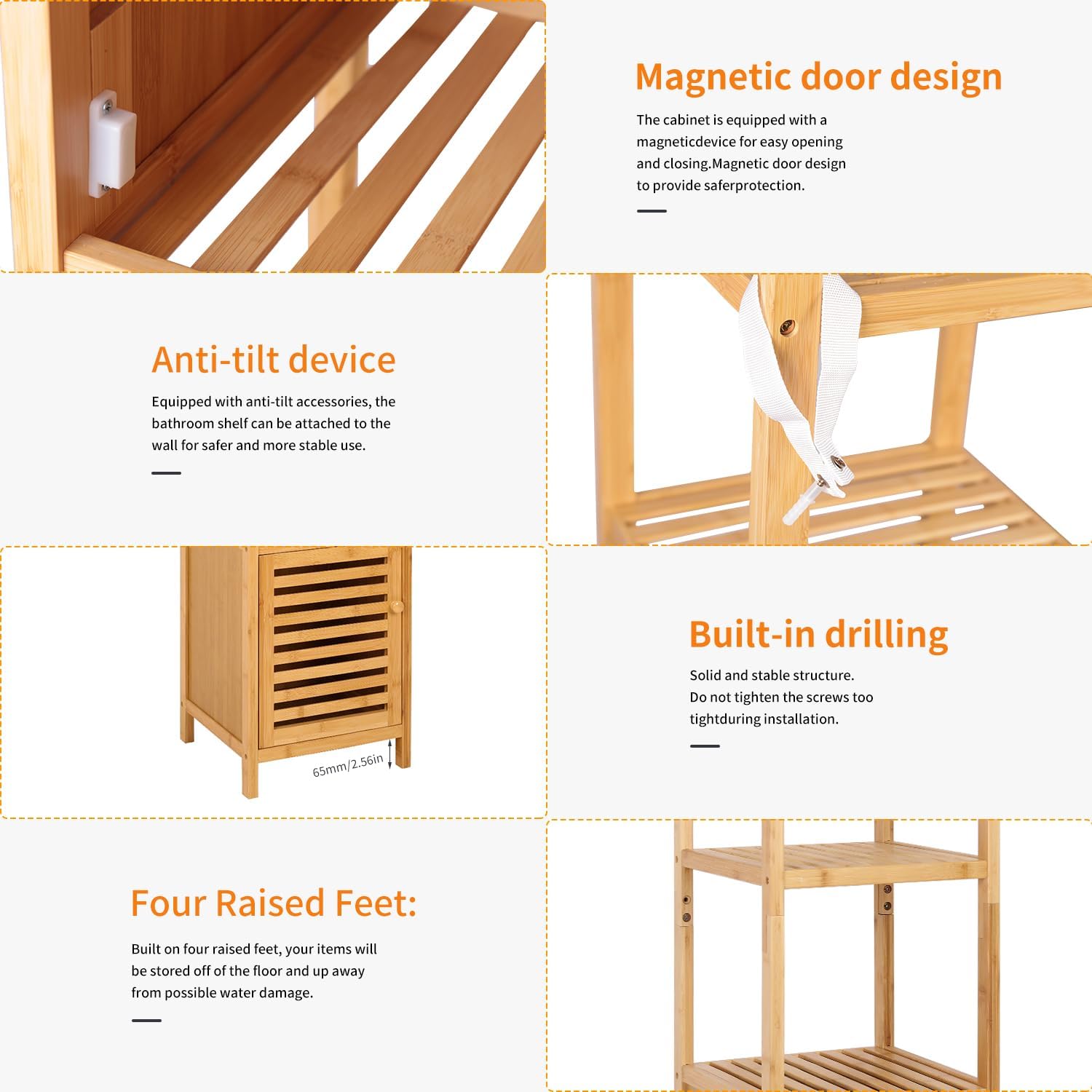 Tall Bamboo Bathroom Storage Cabinet Natural Shelf Unit