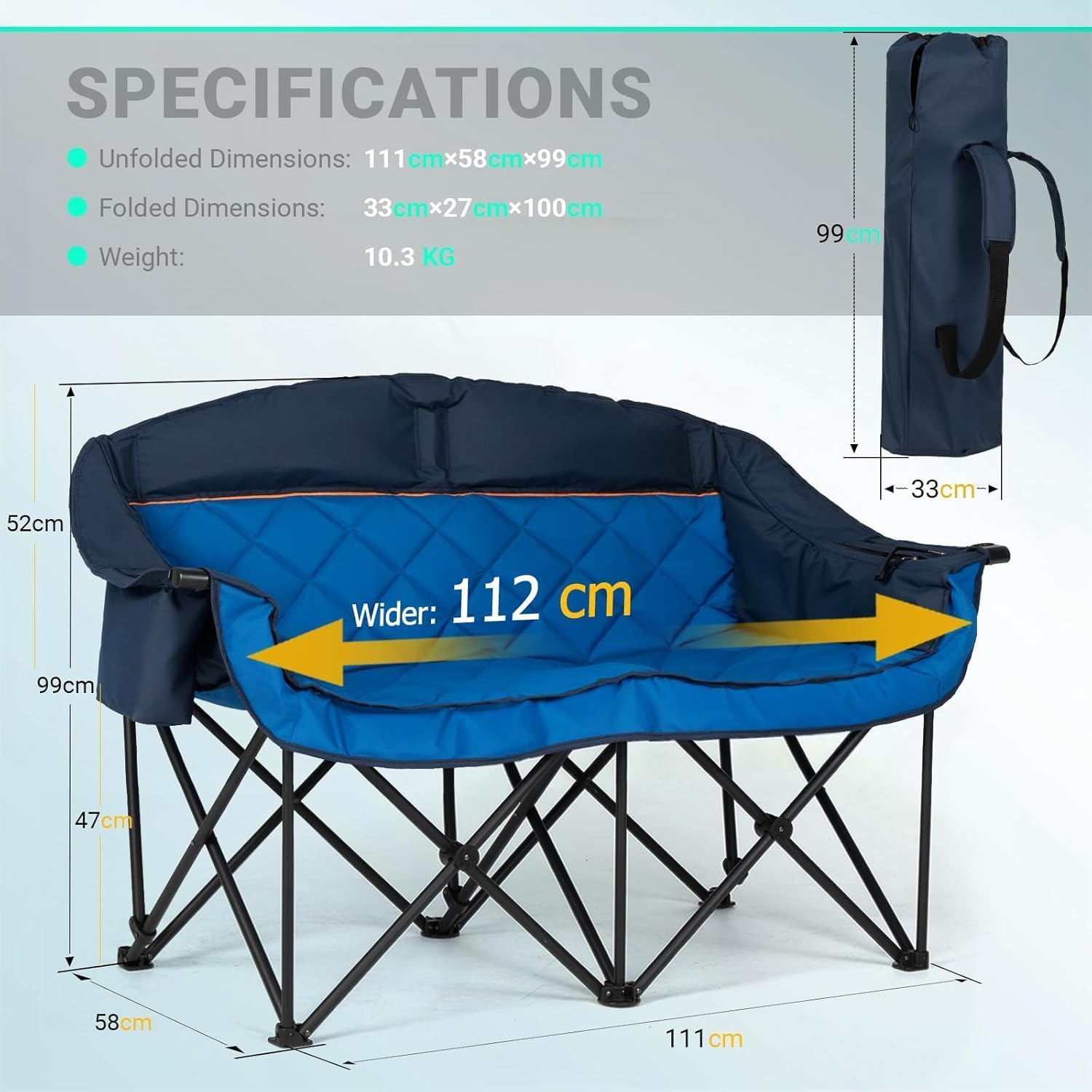 Oversized Double Camping Chair 2 Seater 382kg Blue