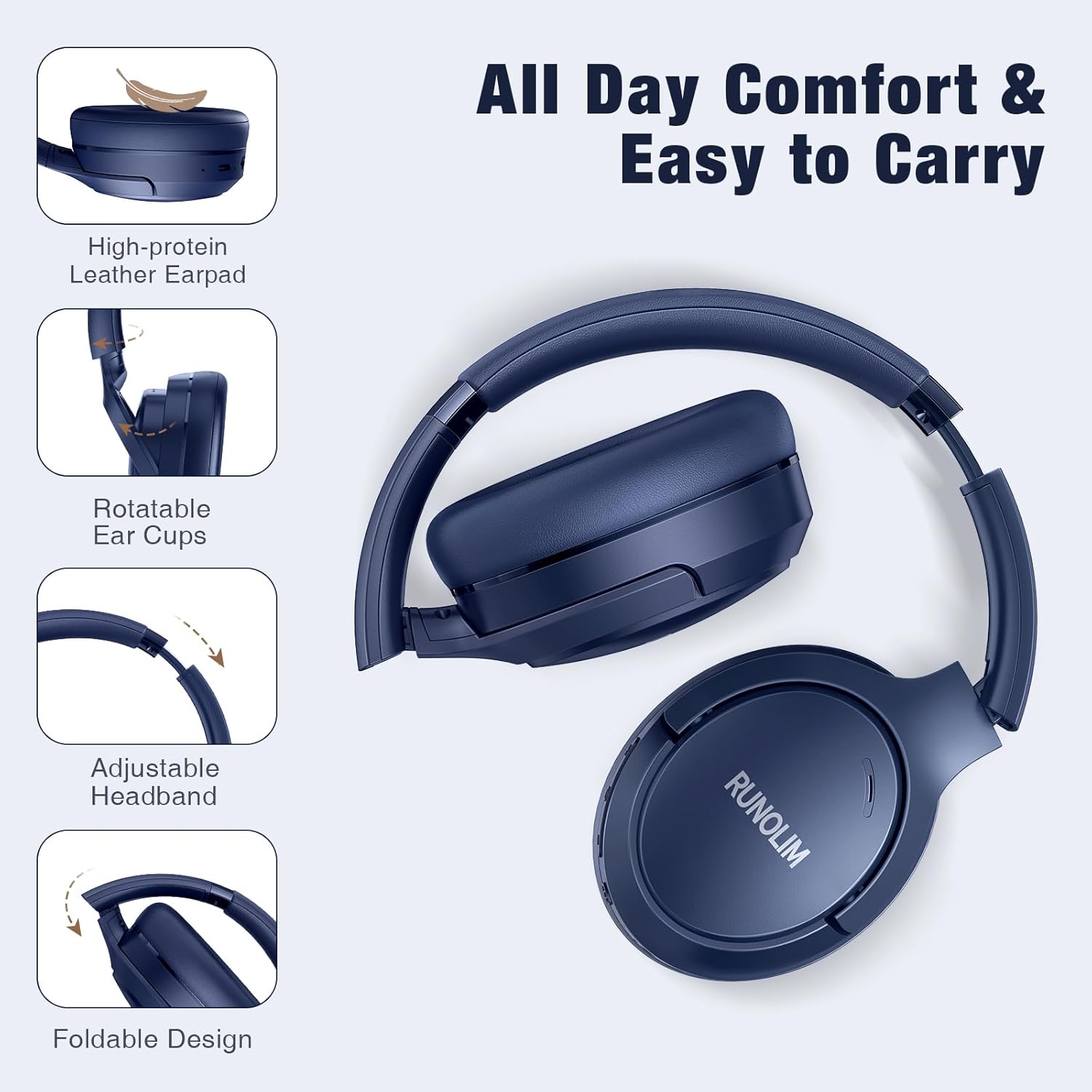 Wireless Noise Cancelling Over Ear Bluetooth Headphones 65Hr Blue