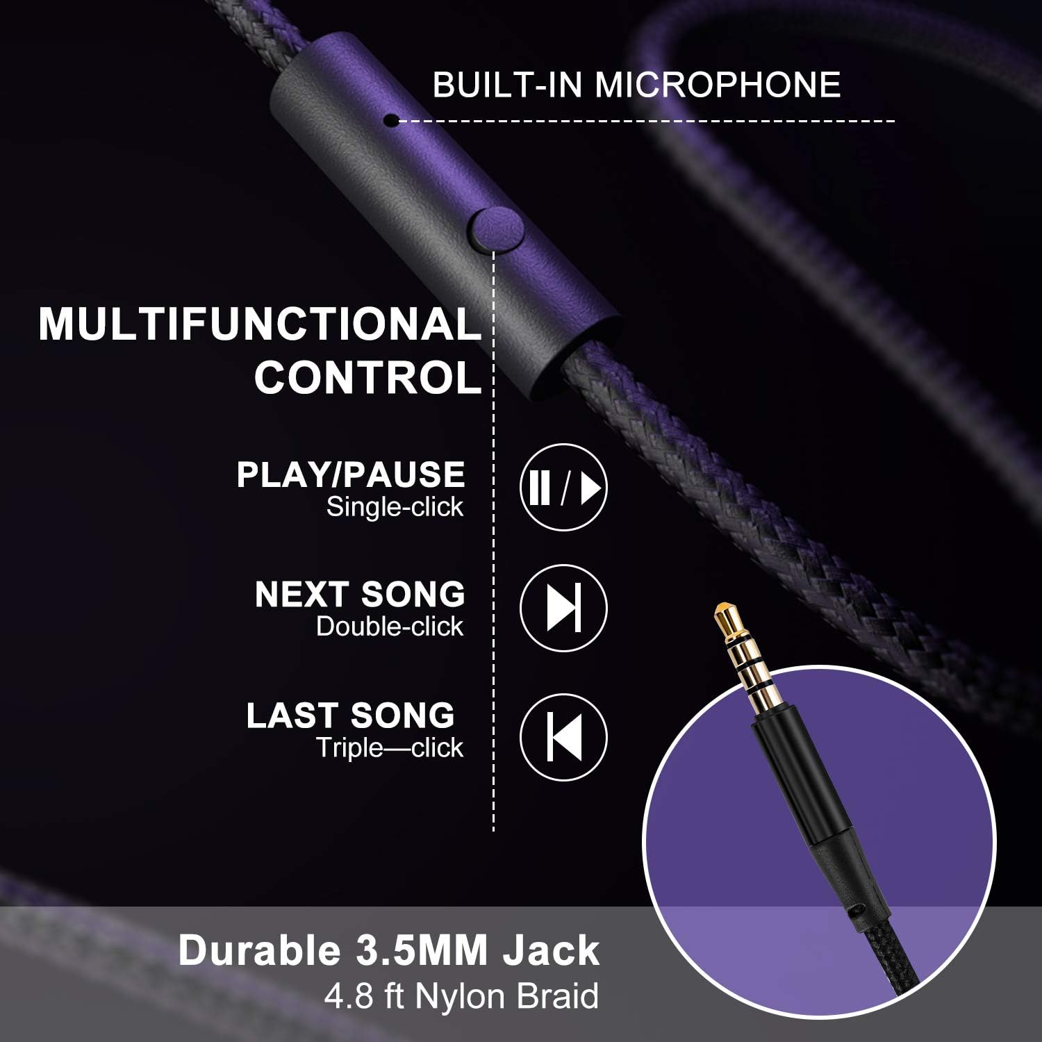 Wired Over Ear Headphones With Mic Stereo Bass 3.5mm Purple