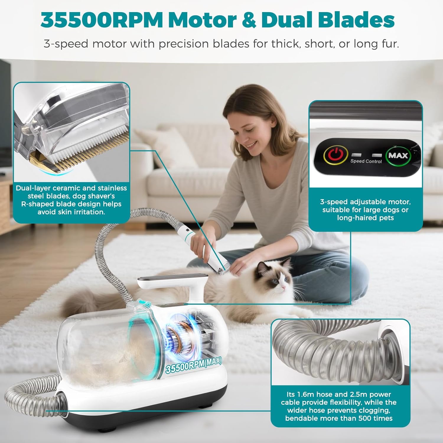 Dog Grooming Vacuum Kit 11000Pa 6 Tool Low Noise Clipper