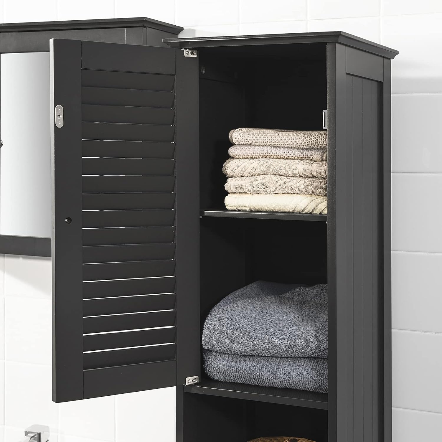 Slim Tall Bathroom Cabinet Dark Grey Louver Door Storage