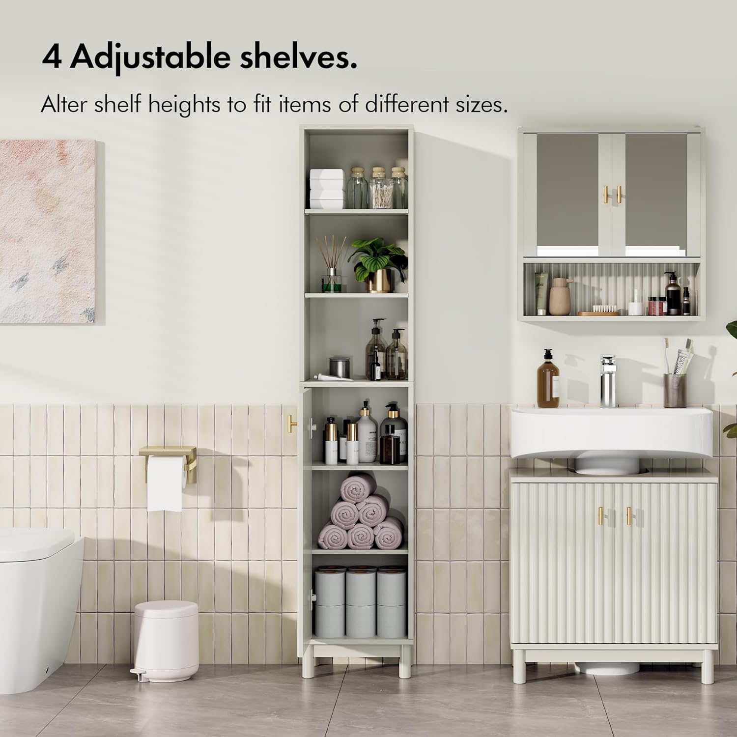 Tall Bathroom Cabinet Slim Storage Unit Stone 6 Shelf