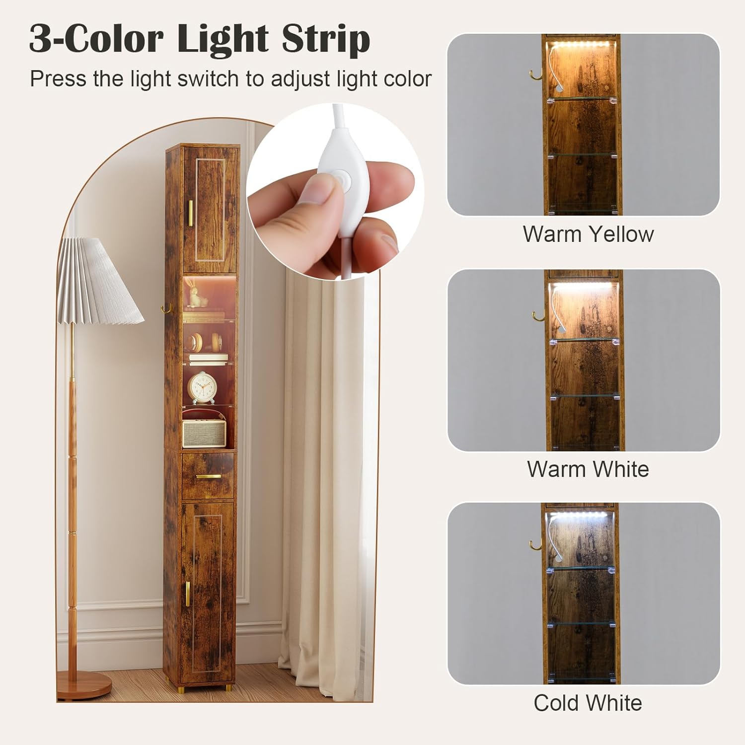Tall Slim Bathroom Cabinet LED Lights Drawer Rustic Brown 180cm