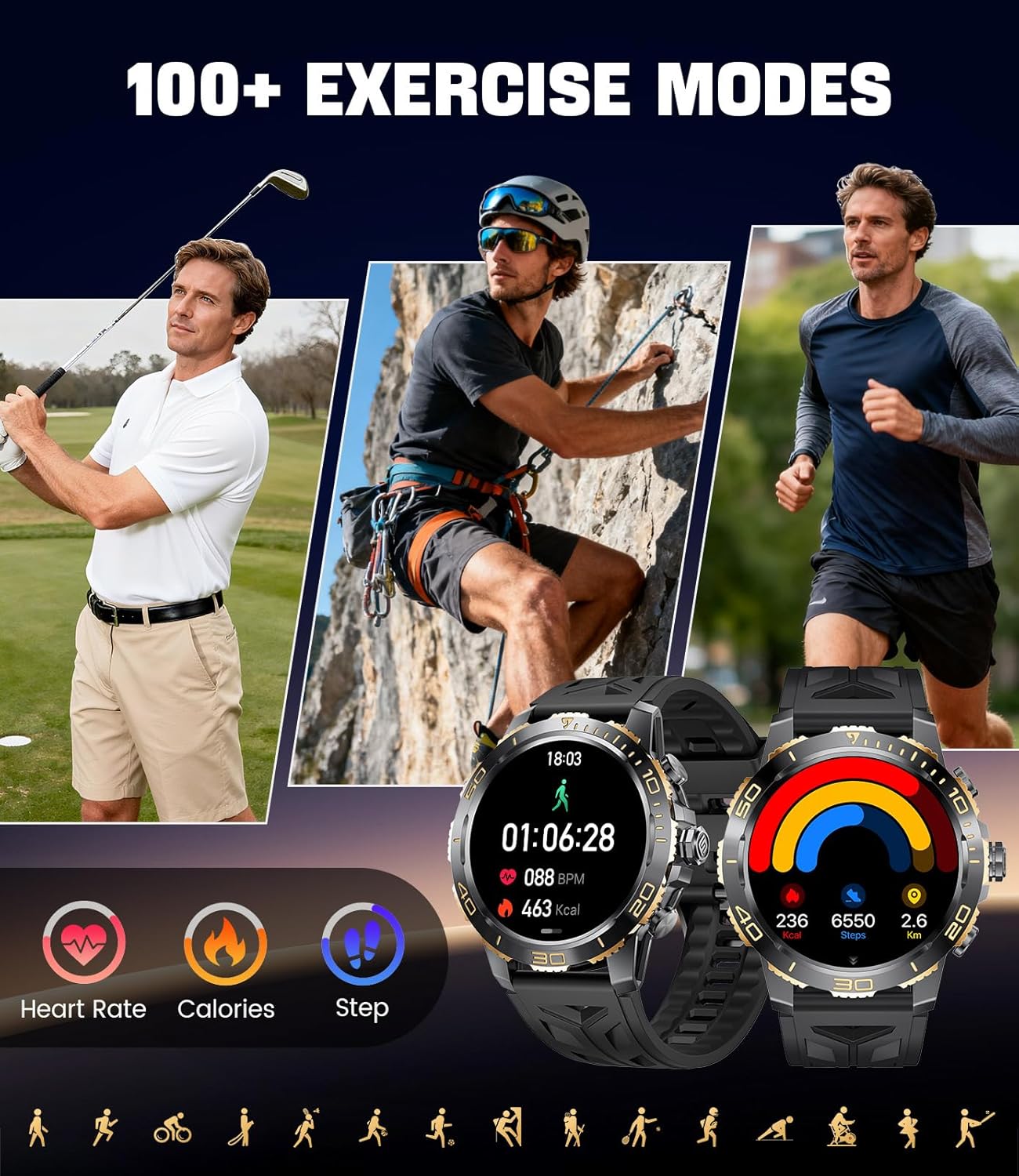 Mens AMOLED Smart Watch Call LED Flash 110 Sports