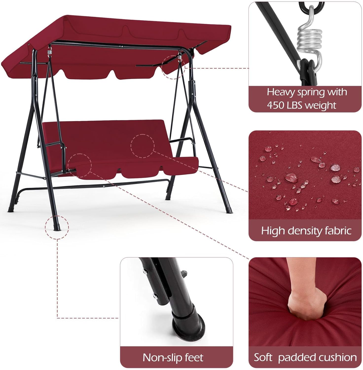 3 Seater Patio Swing Bench Red Canopy Cushion Steel Frame
