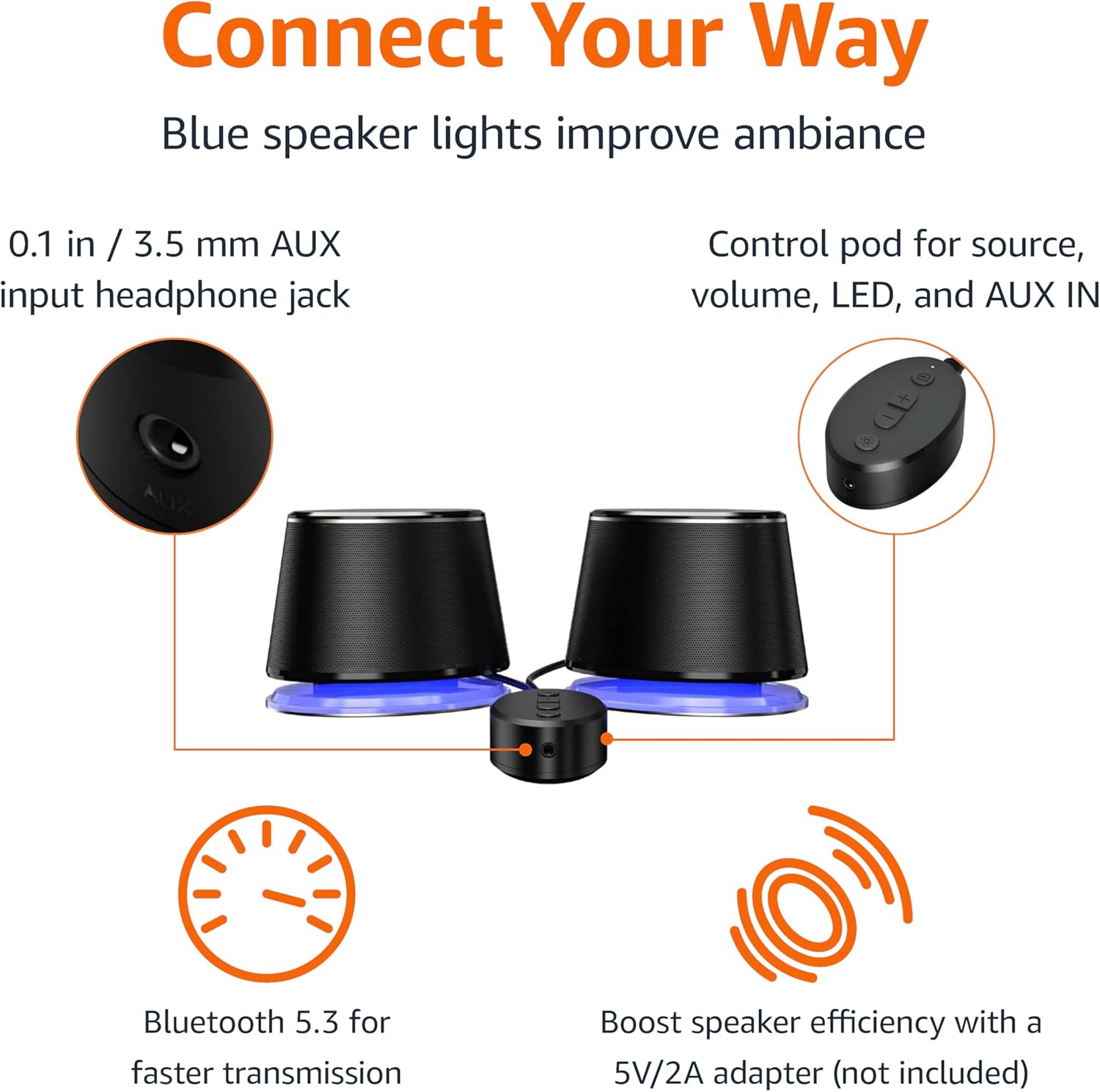 Bluetooth PC Speakers USB AUX Stereo LED Desktop Laptop Audio