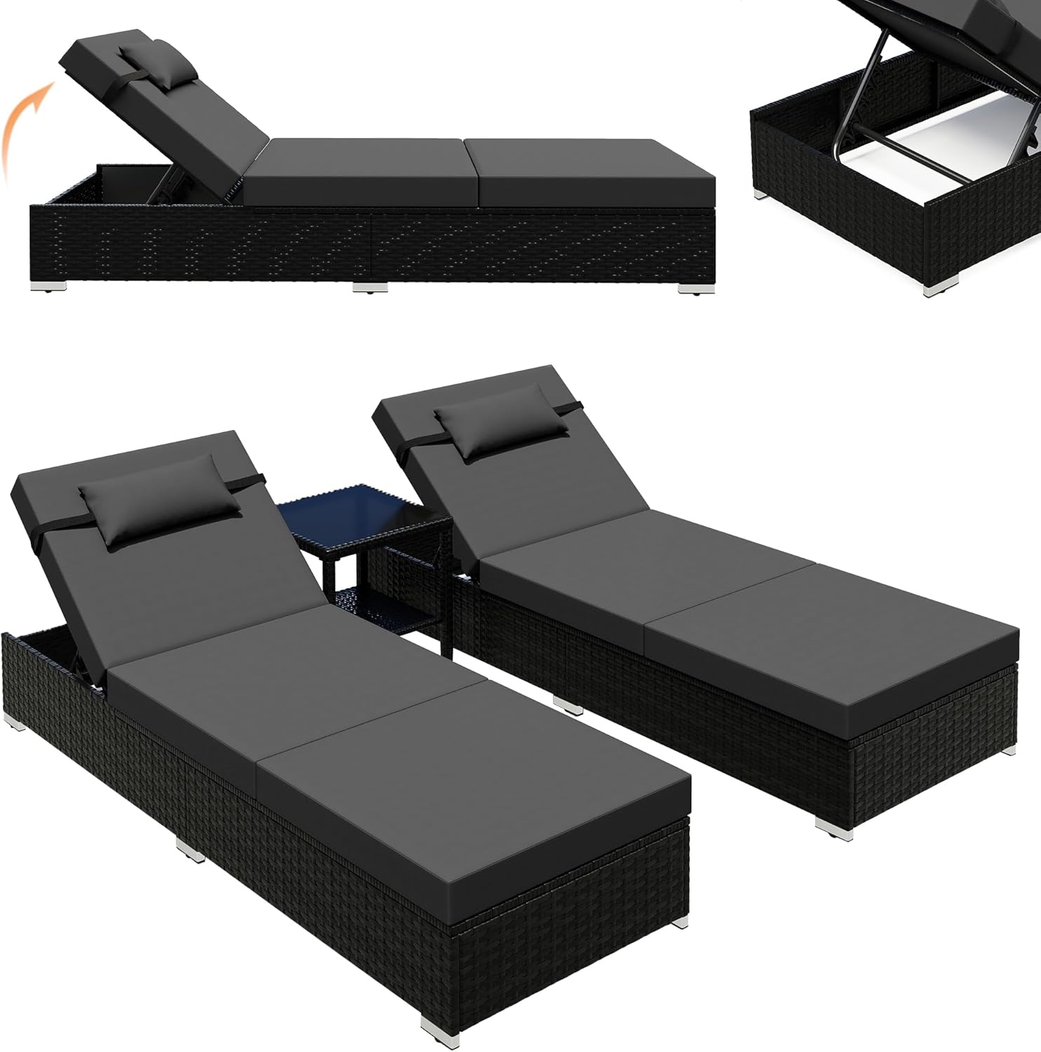 3 Piece Rattan Sun Lounger Set with Table Black Grey