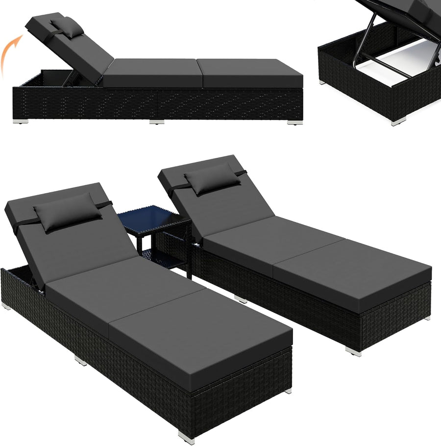 3 Piece Rattan Sun Lounger Set with Table Black Grey
