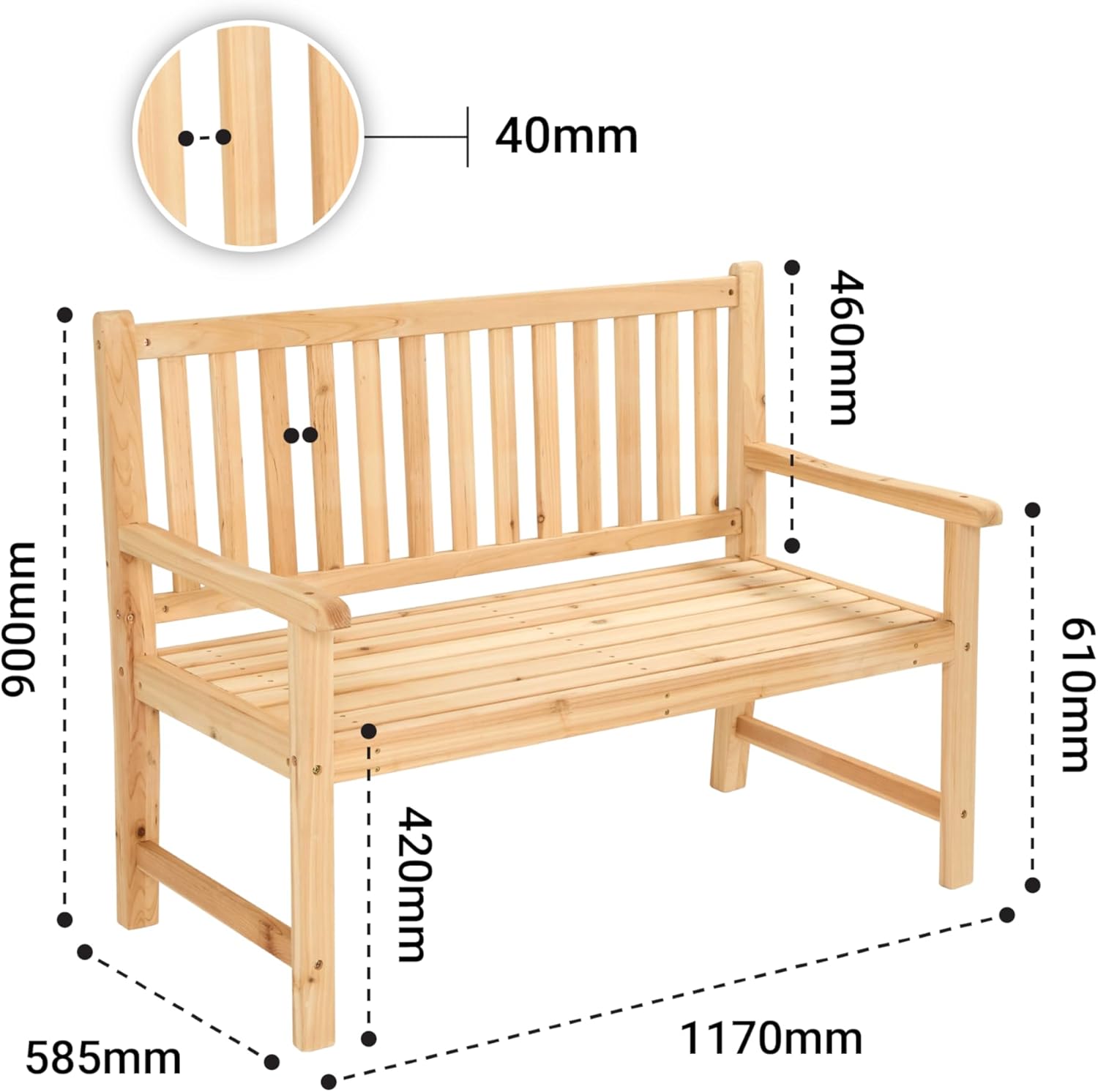 2 Seater Wooden Garden Bench Cedar Outdoor Patio Seat w/Armrests
