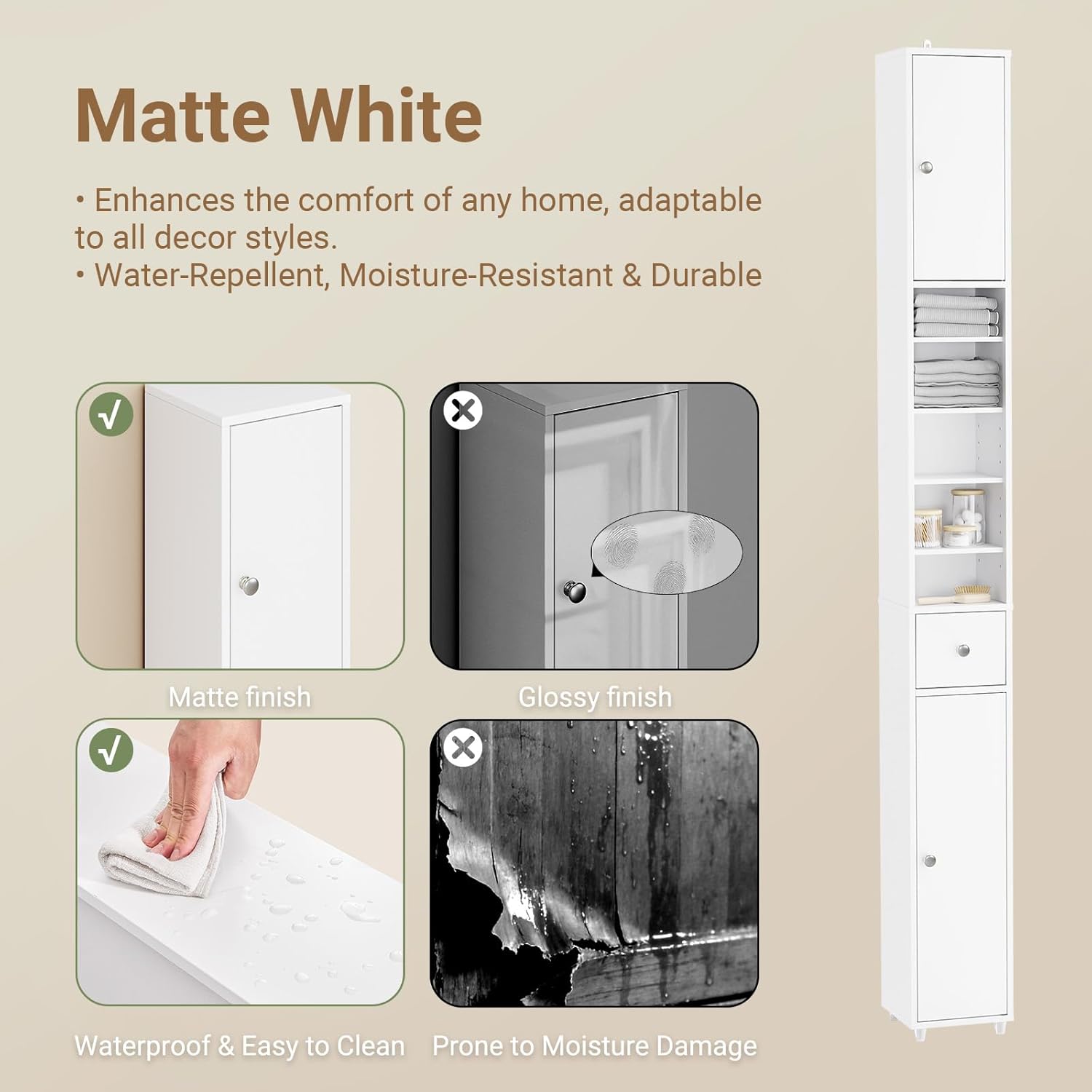 Tall Slim Bathroom Storage Cabinet 20cm Wide Drawer White 180cm