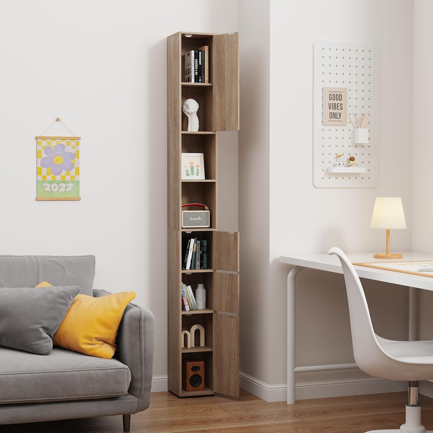 Tall Slim Storage Cabinet Walnut Door Shelves Unit