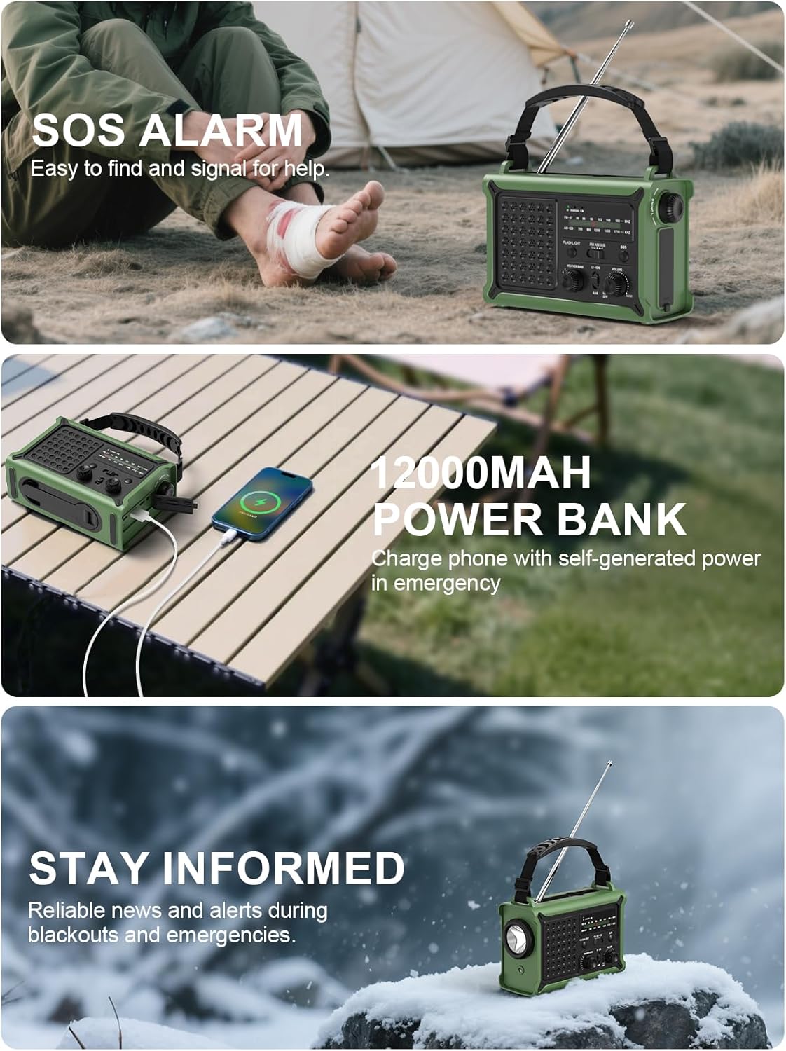 Emergency Wind Up Radio Solar Hand Crank 12000mAh SOS
