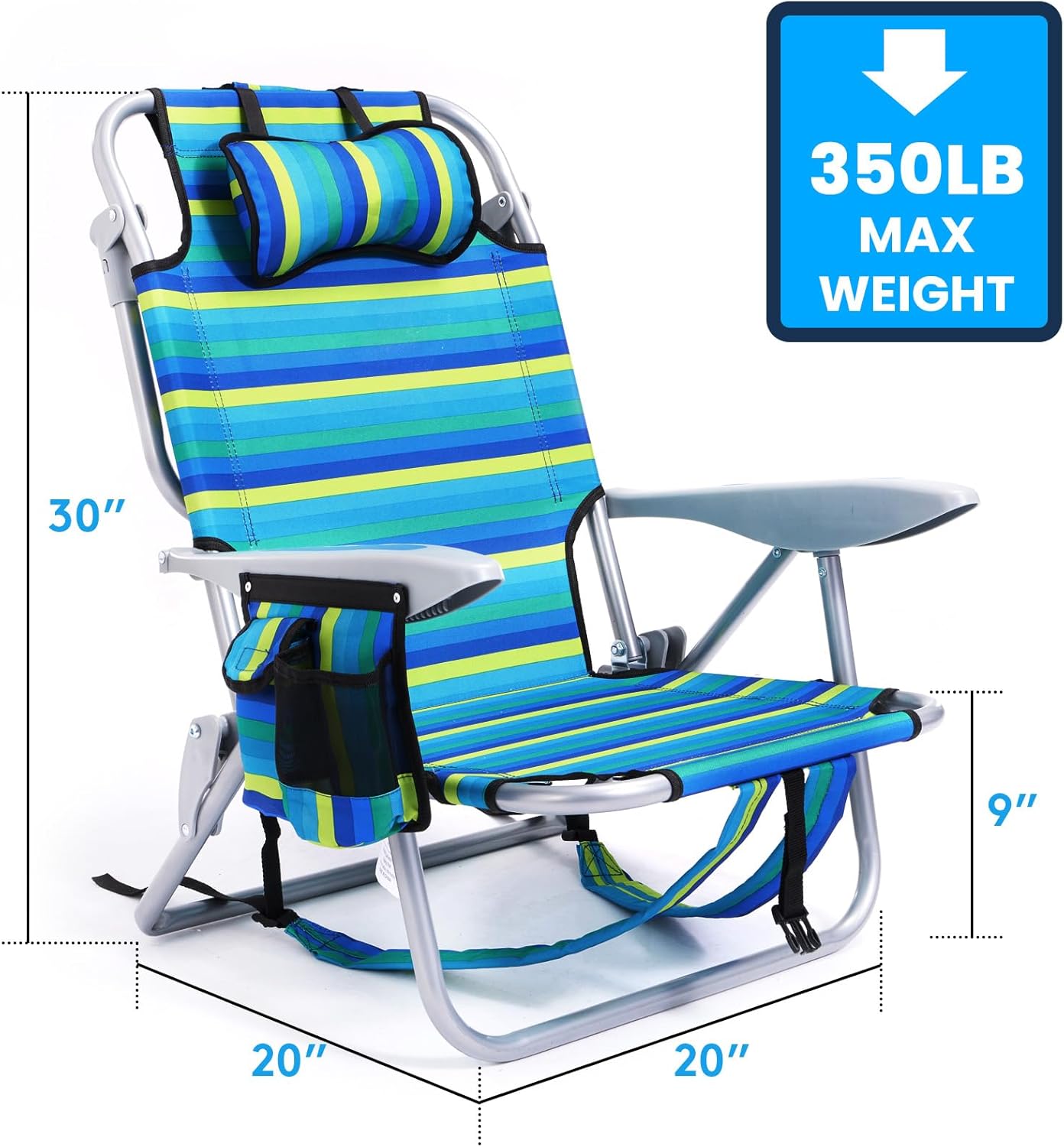Lightweight Reclining Beach Chair 4 Position Ocean Striped