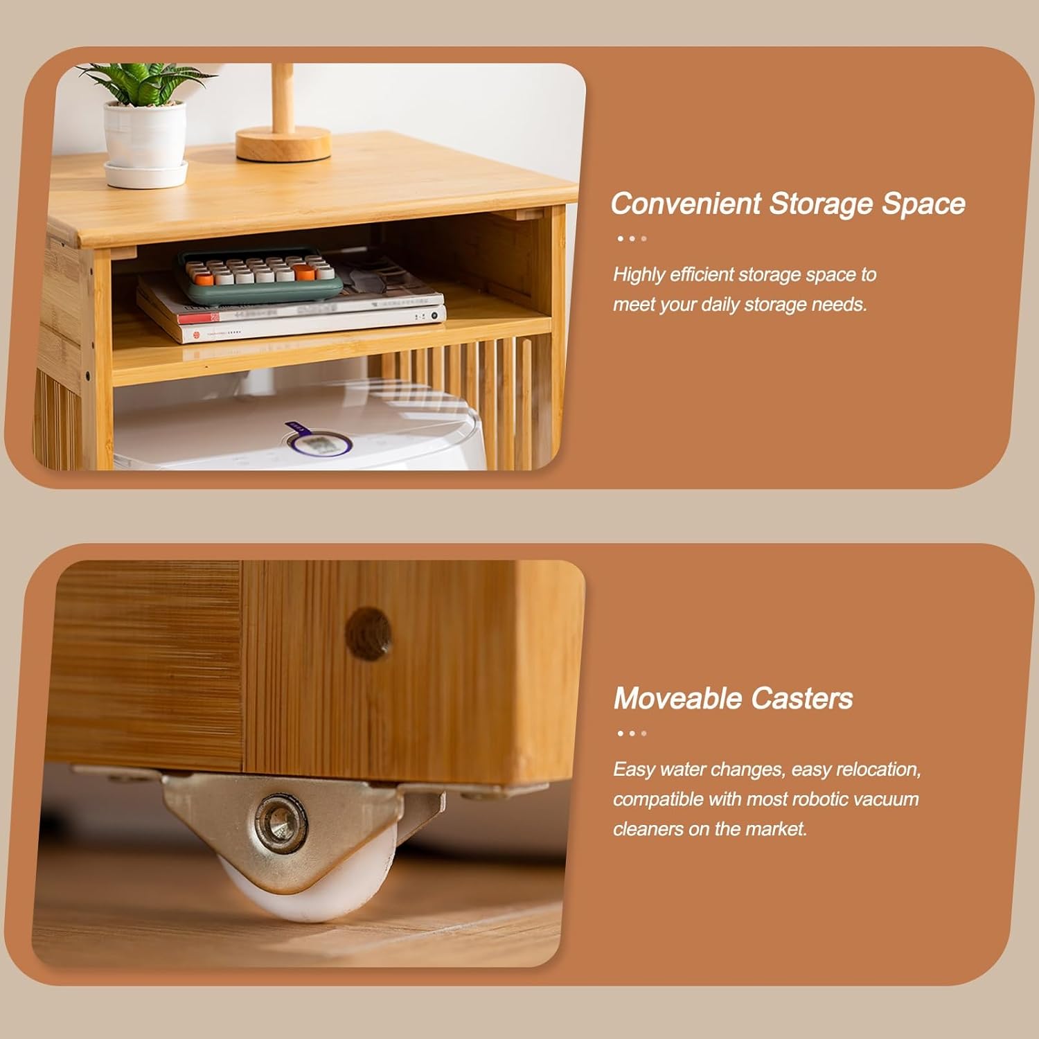 Rolling Robot Vacuum Storage Cabinet Bamboo Organizer Cart End Table