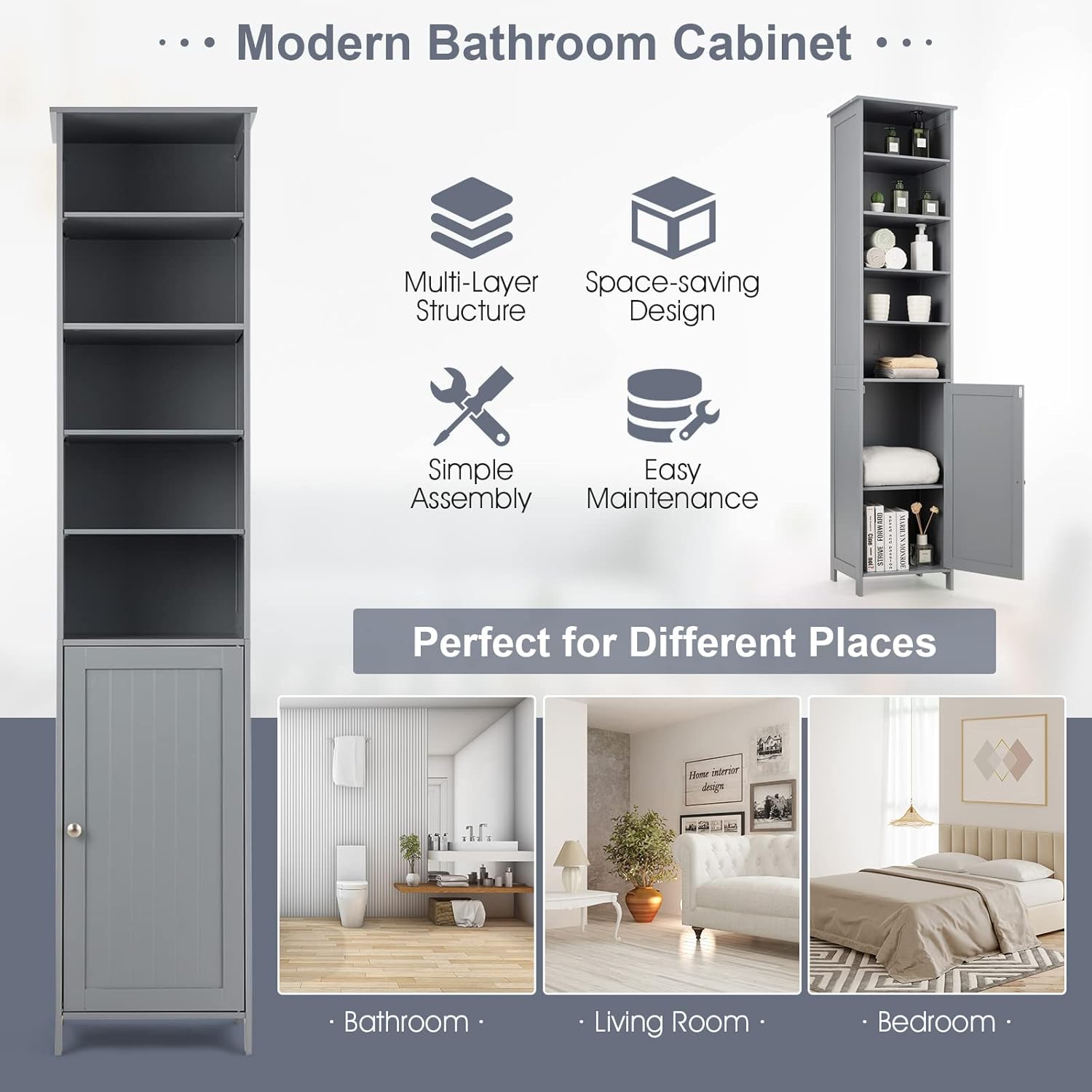 Tall Bathroom Storage Cabinet Shelf Cupboard Grey