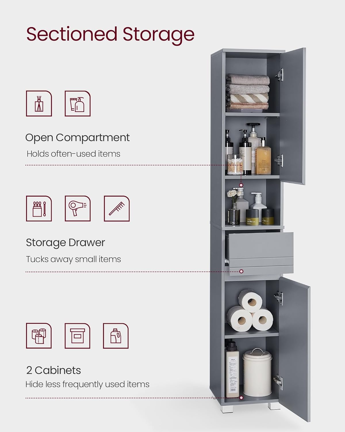 Tall Slim Bathroom Storage Cabinet Drawer Adjustable Shelves Grey 170cm