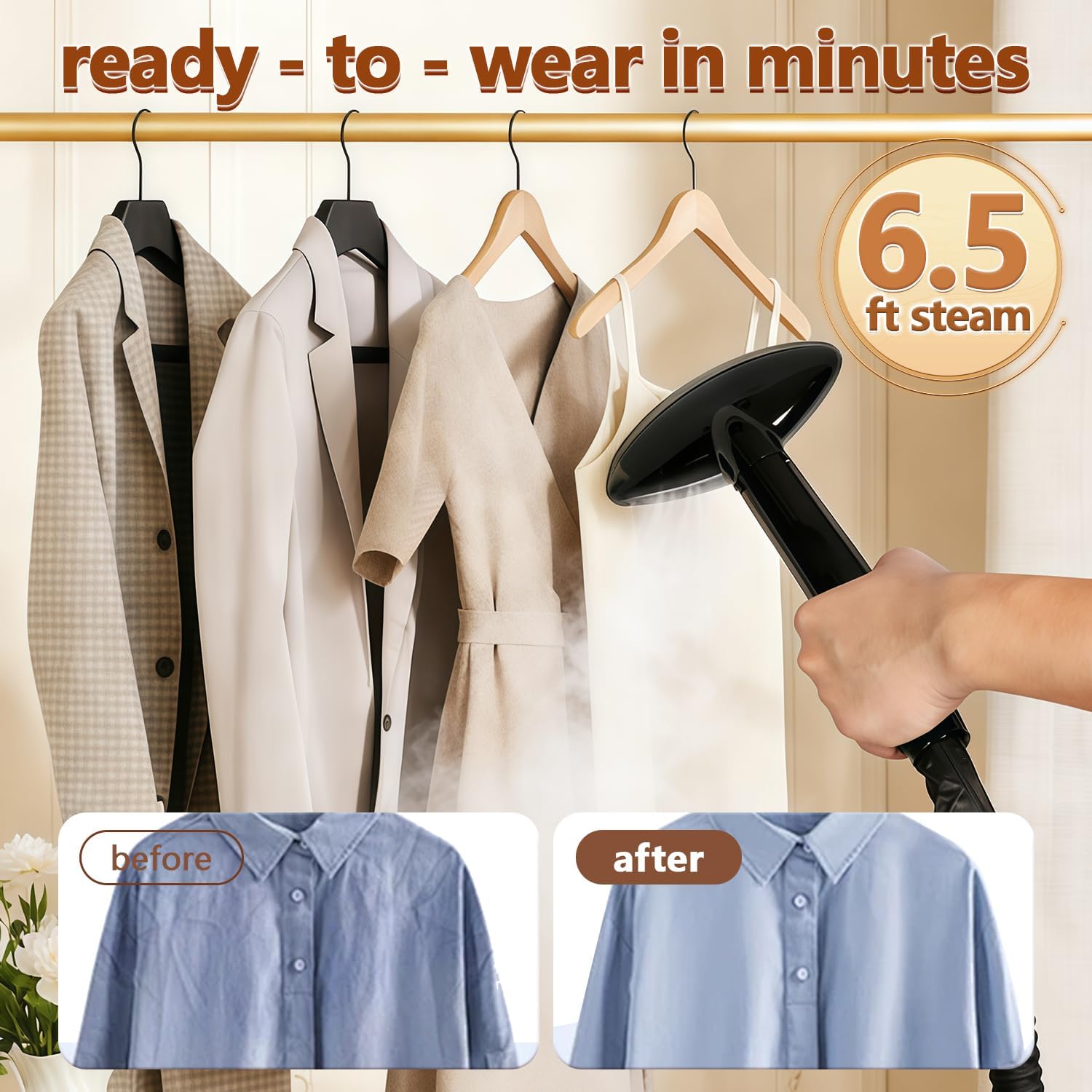 Upright Garment Steamer 2000W 2.4L Tank 90min Steam Wheels