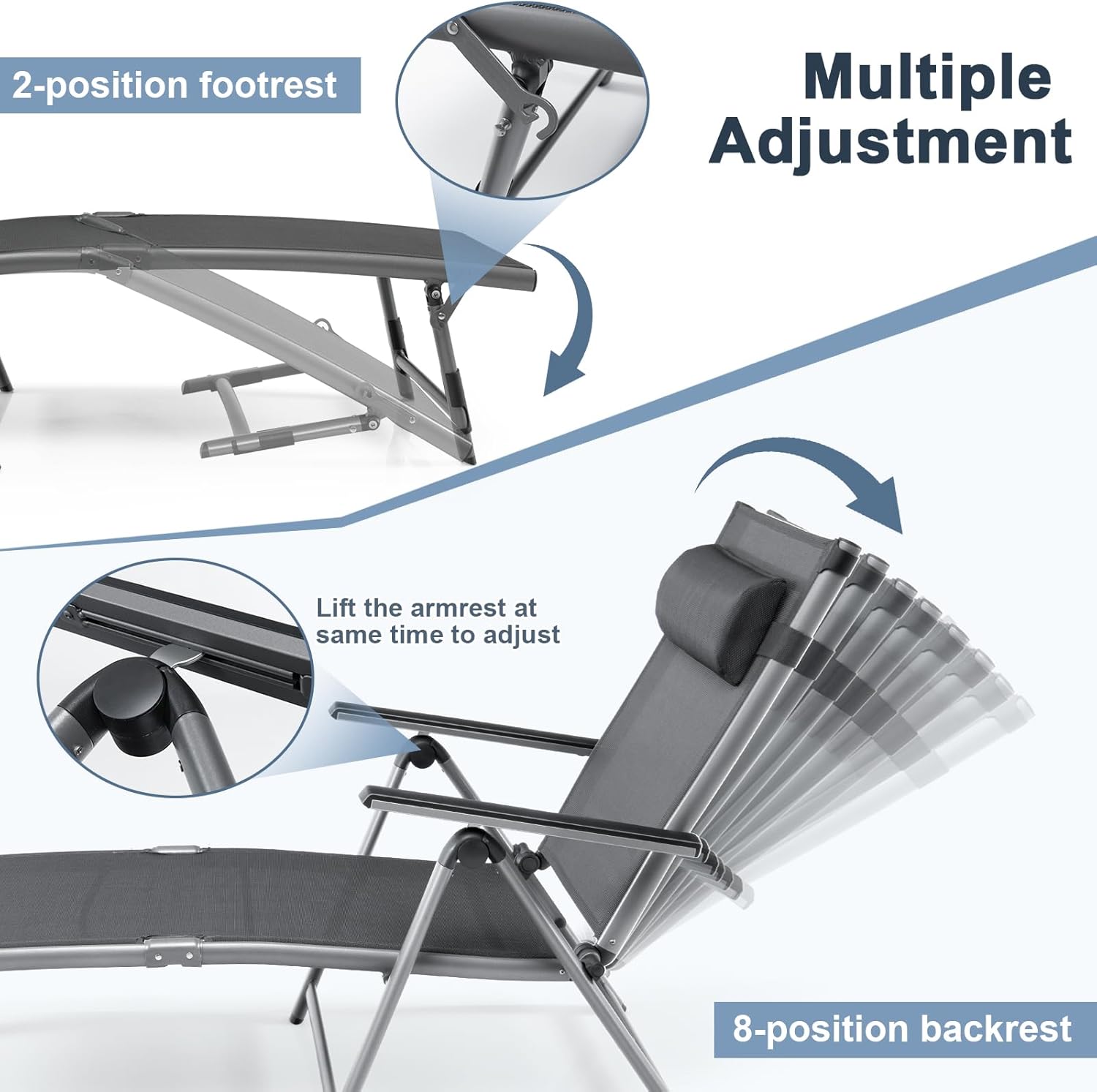 Folding Sun Lounger Reclining Chair 8 Position Aluminium Grey