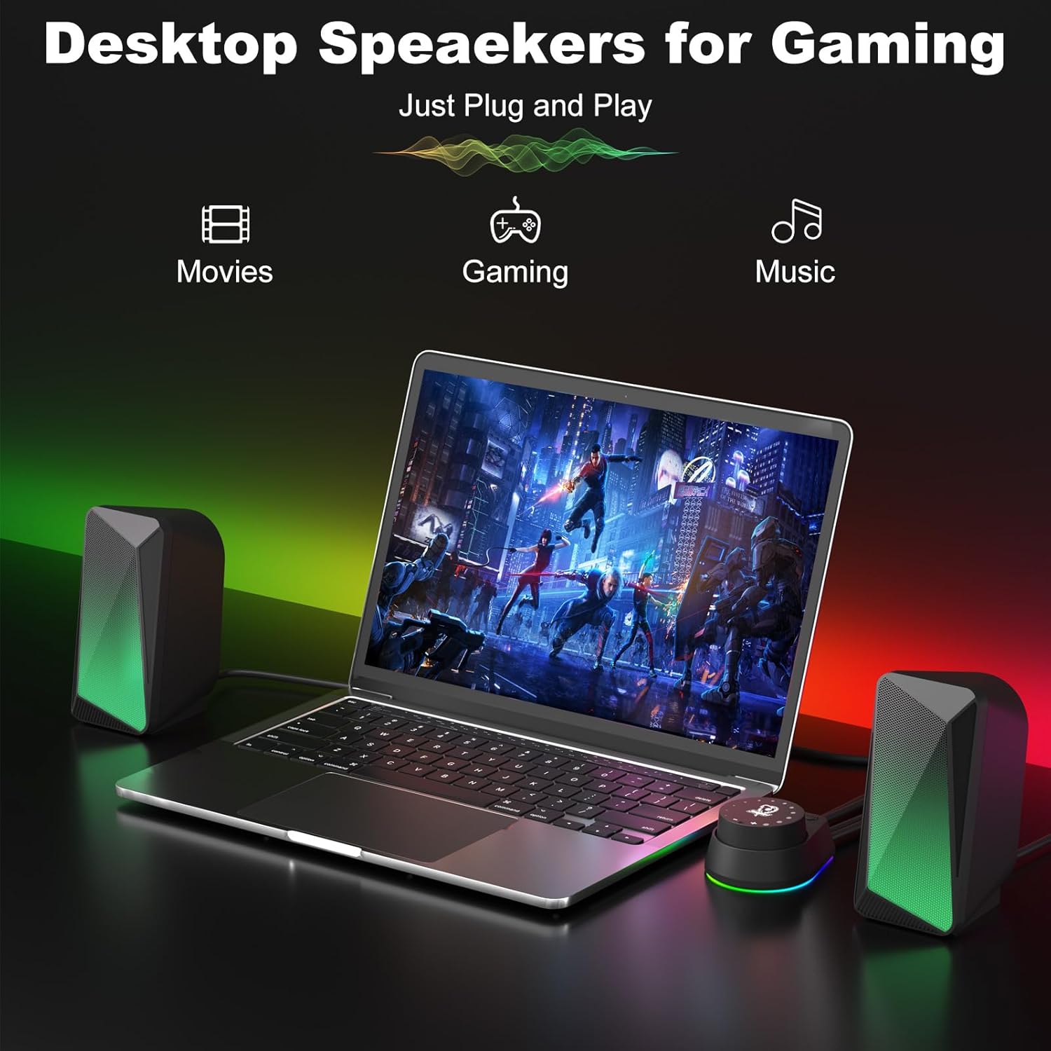 PC Computer Speakers Stereo Soundbar LED Lights USB Powered 3.5mm Aux