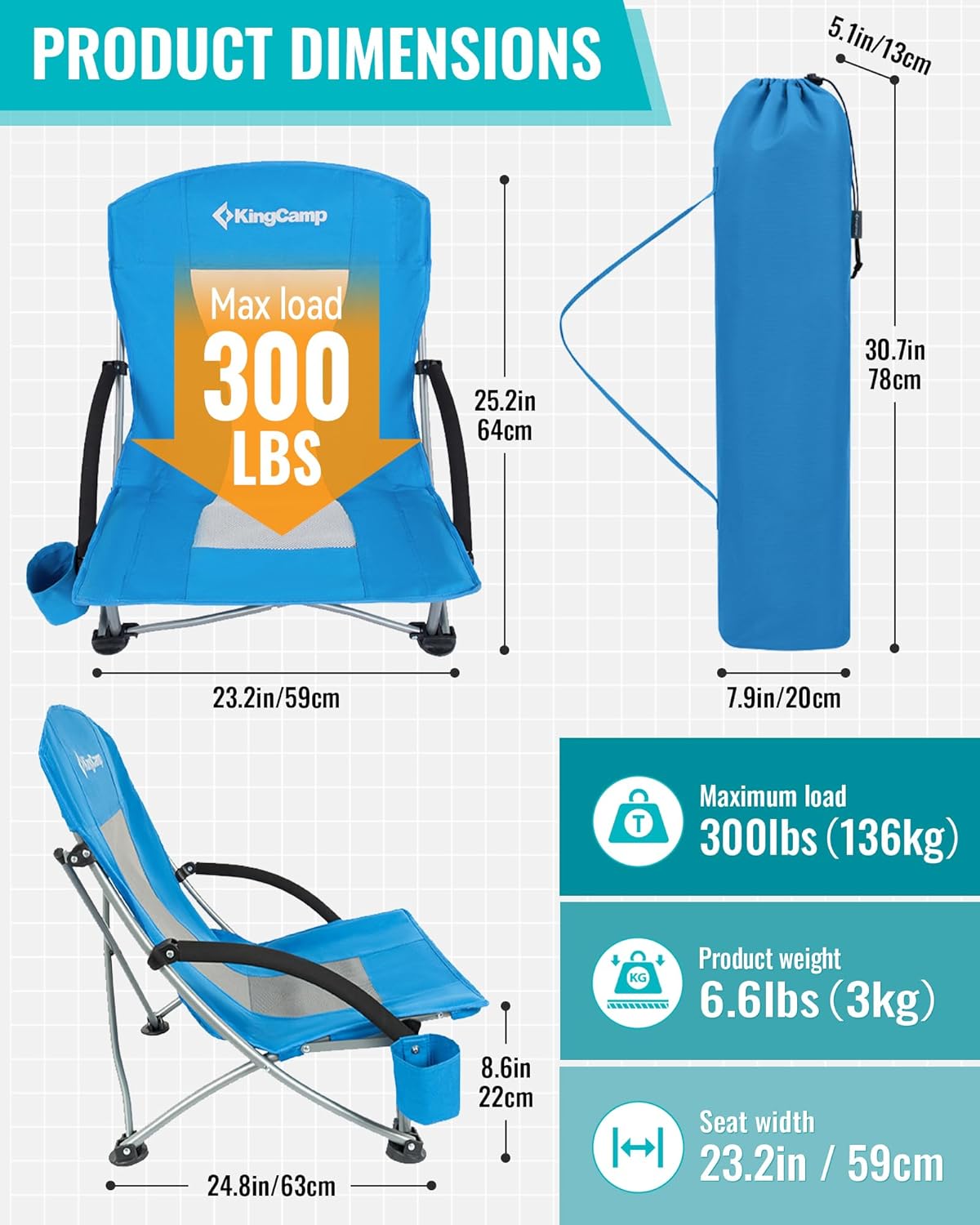 Blue Low Folding Beach Chair Heavy Duty Portable Seat