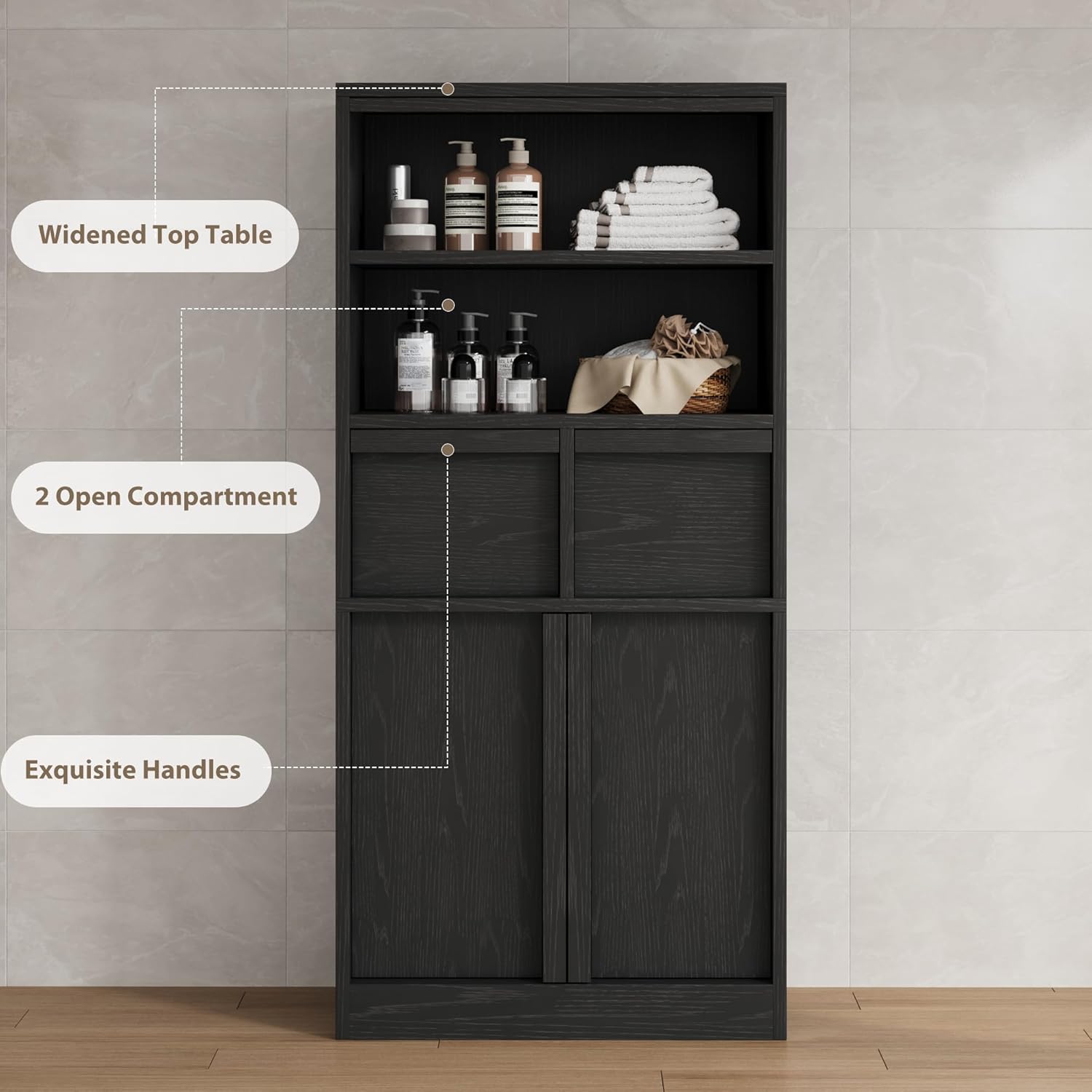 Tall Bathroom Storage Cabinet Black 2 Drawers Door Unit