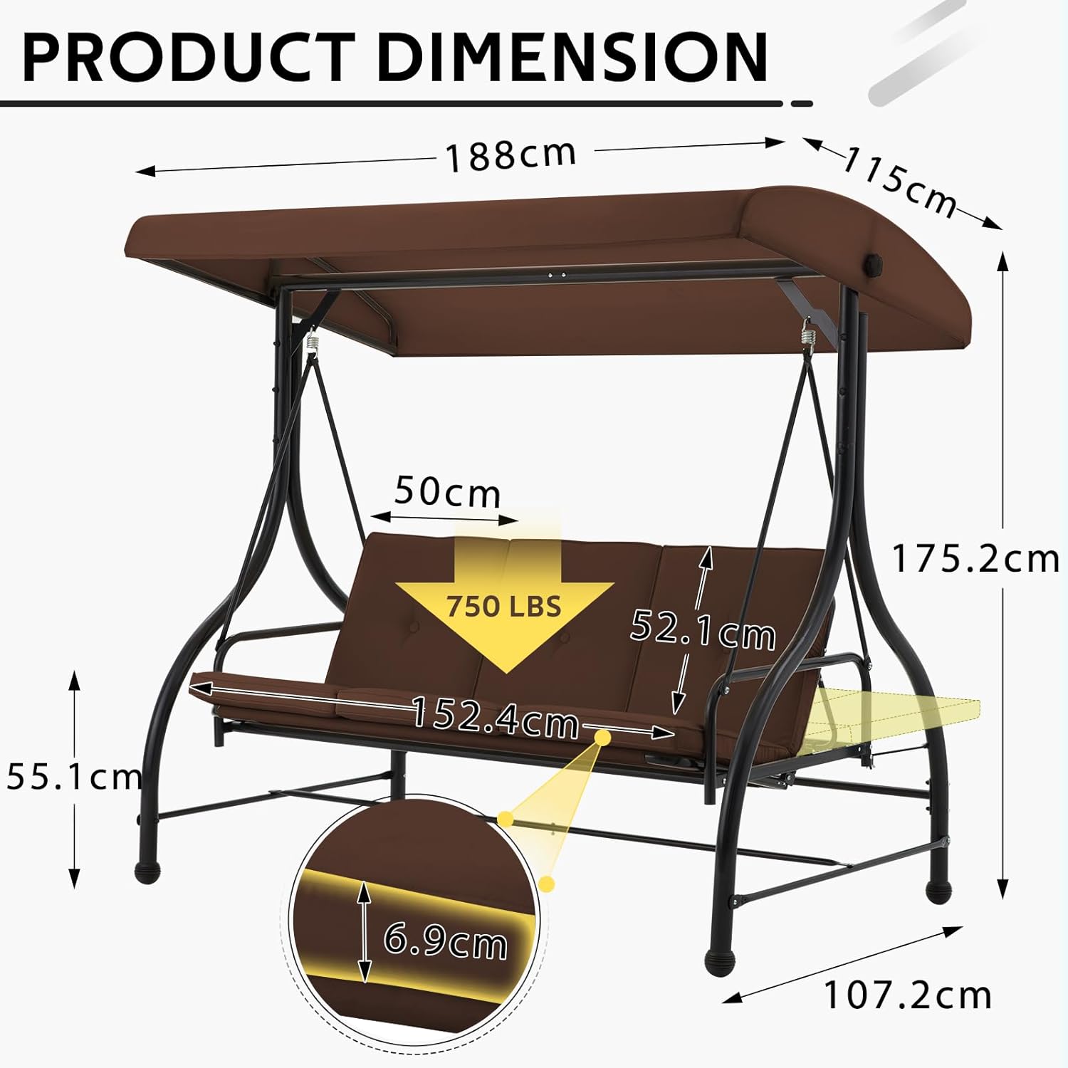 3 Seater Garden Swing Bed Brown Canopy Cushions Steel