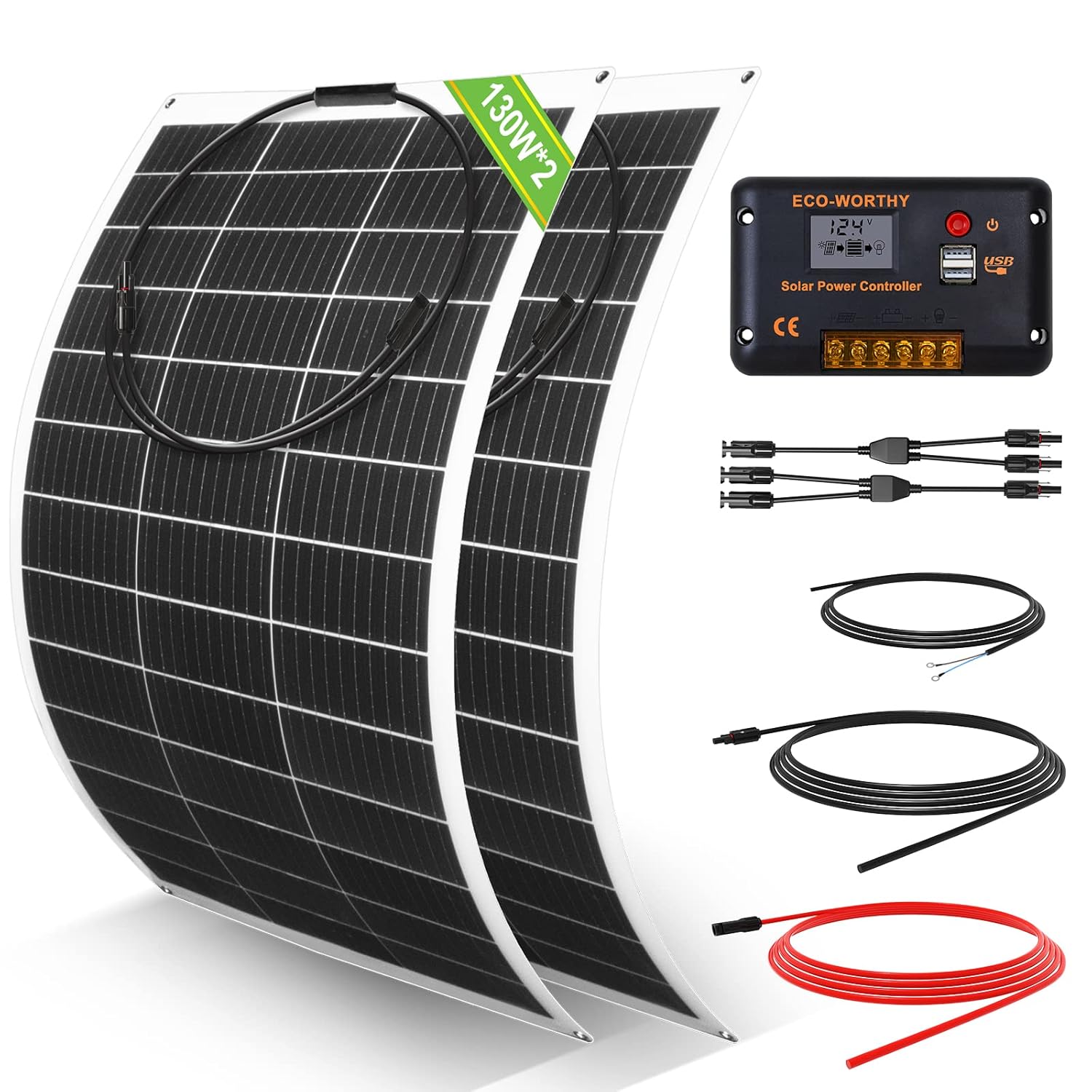 260W Flexible Solar Panel Kit 12V 2x130W Controller RV Off Grid