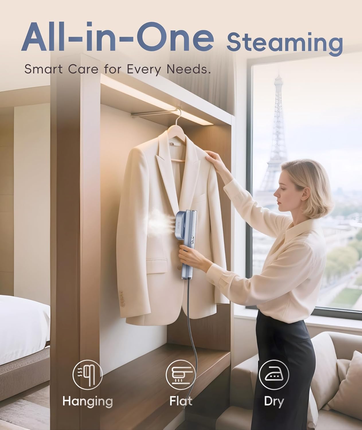 Dual Voltage Travel Garment Steamer 1000W 2in1 Foldable Silver