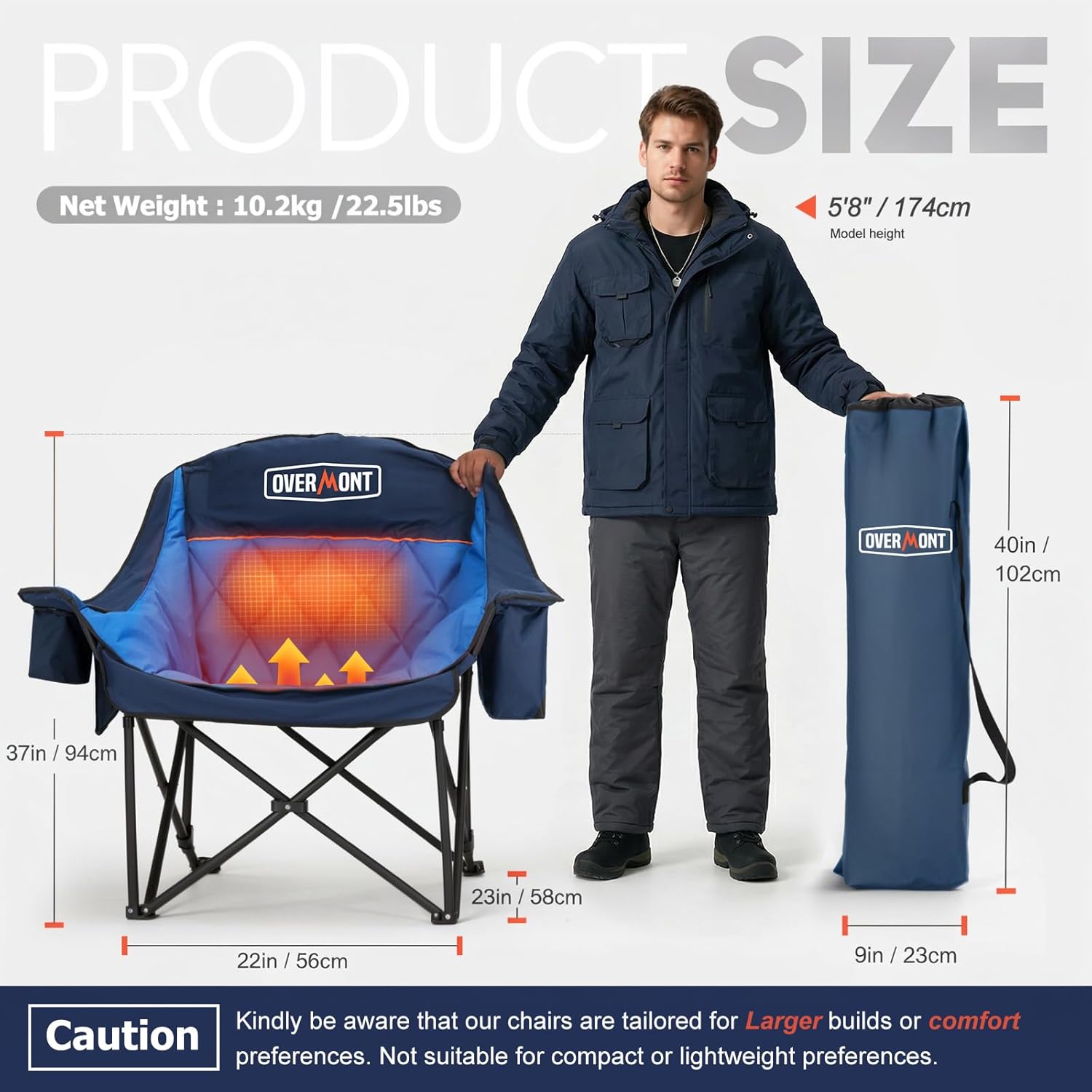 Heated XL Camping Chair 400lb Oversized Padded Blue
