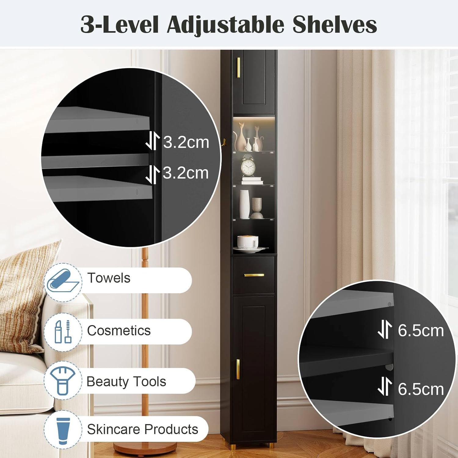 Tall Slim Storage Cabinet Black LED Shelf Hook Unit